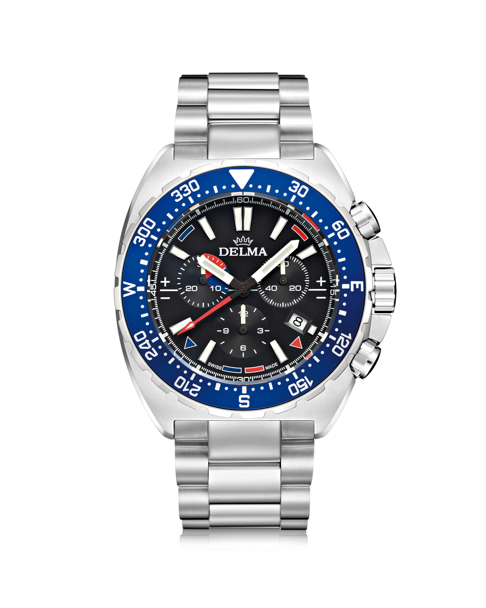 DELMA Oceanmaster Chronograph stainless steel watch with black dial and blue bezel