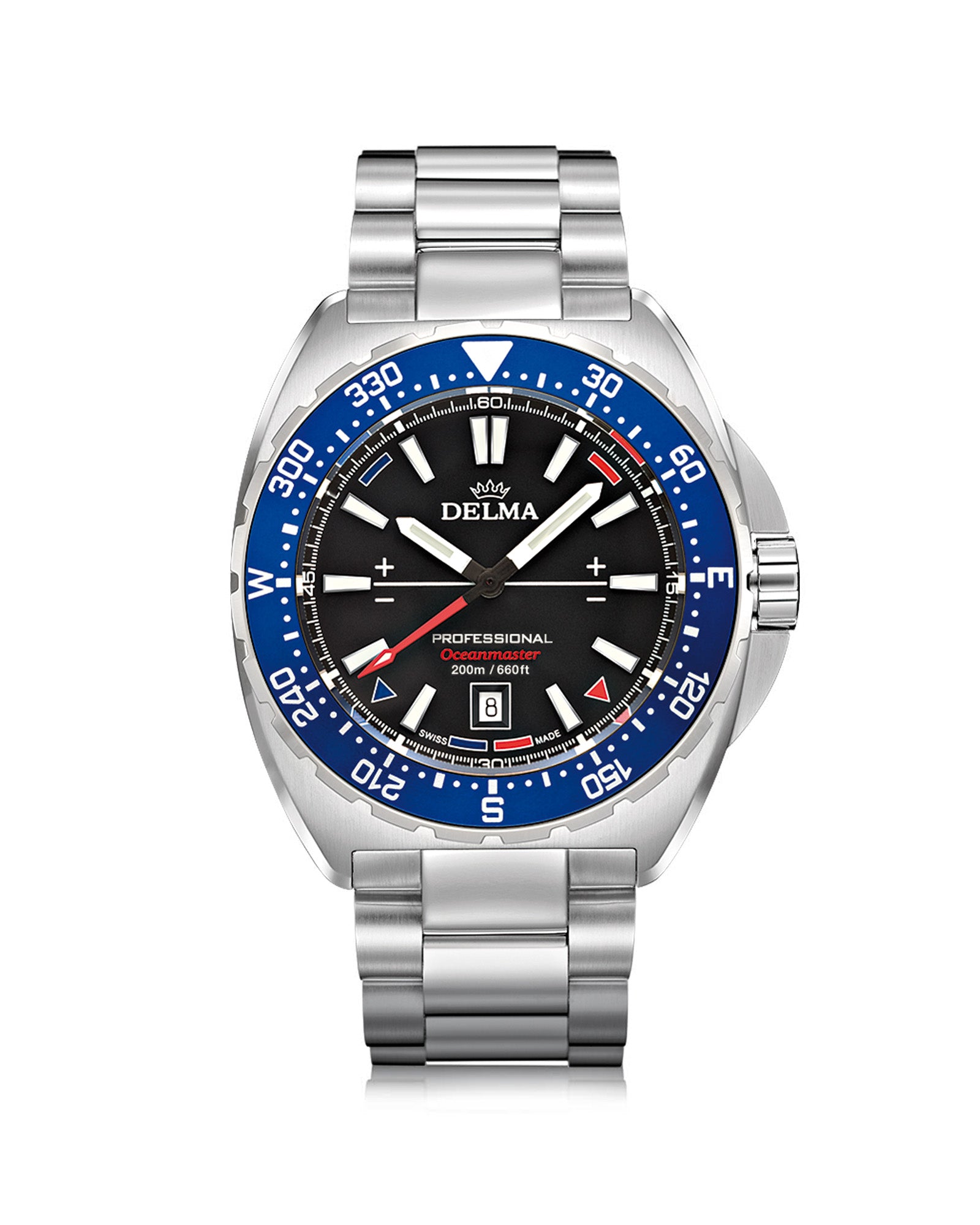 DELMA Oceanmaster stainless steel watch with black dial and blue bezel