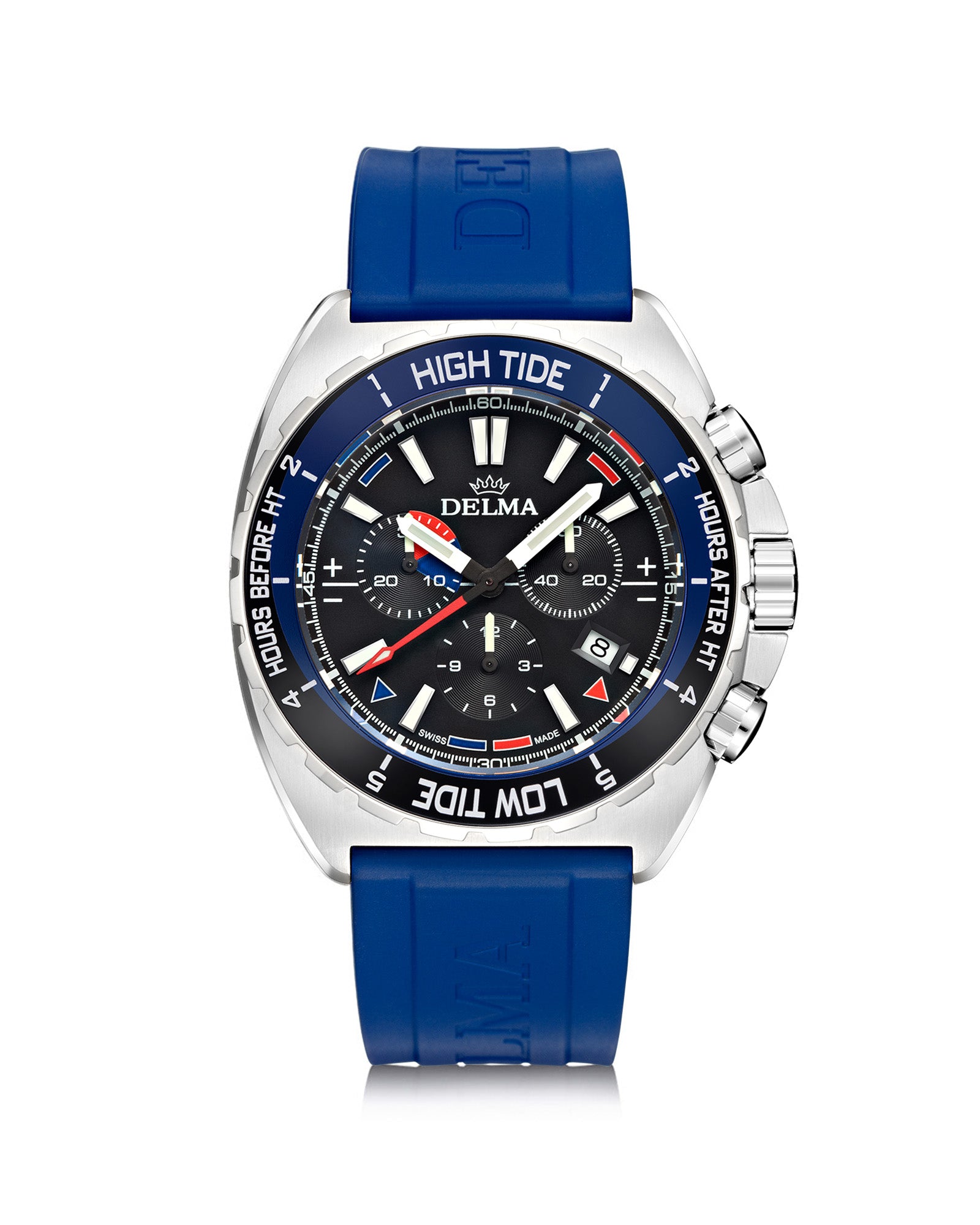 DELMA Oceanmaster Tide Chronograph stainless steel watch with blue rubber strap