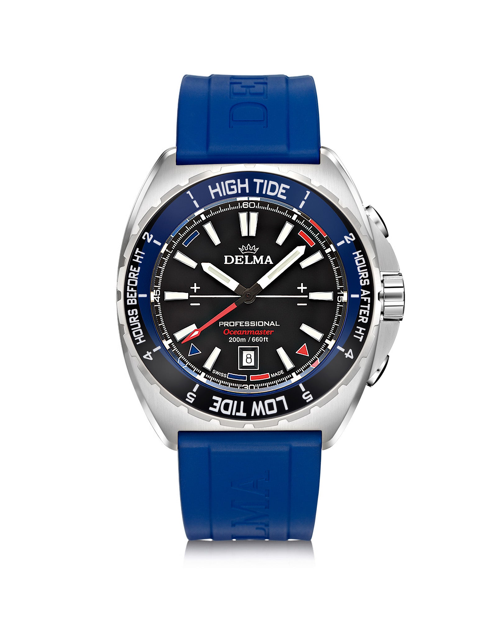 DELMA Oceanmaster Tide stainless steel watch with blue rubber strap