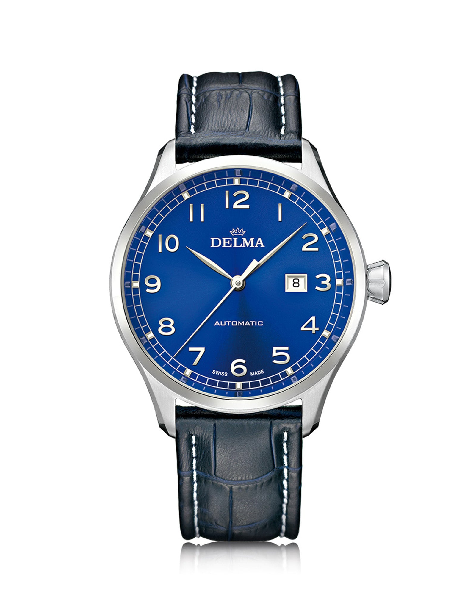 DELMA Pioneer stainless steel watch with blue dial and blue leather strap