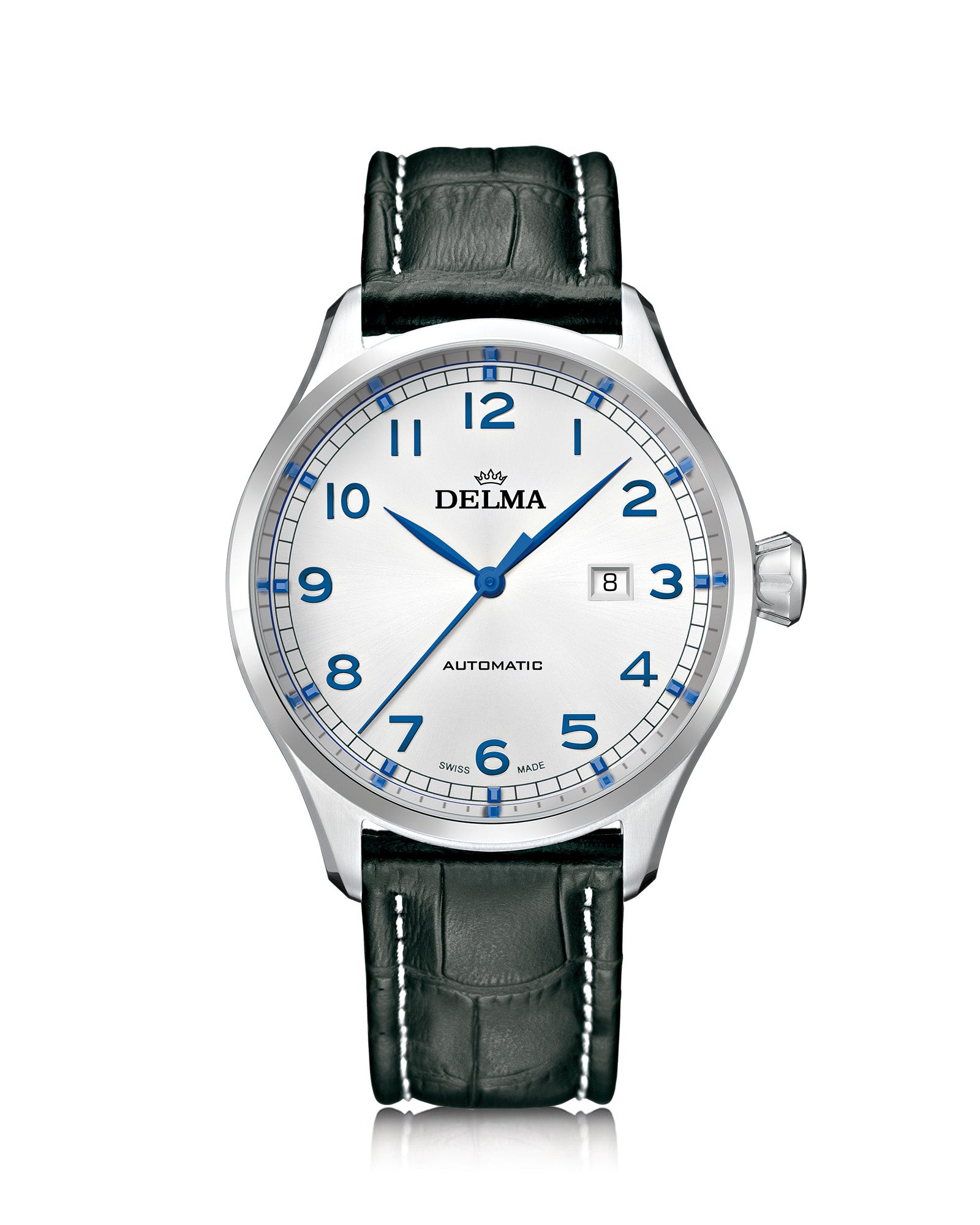 DELMA Pioneer stainless steel watch with silver dial and black leather strap