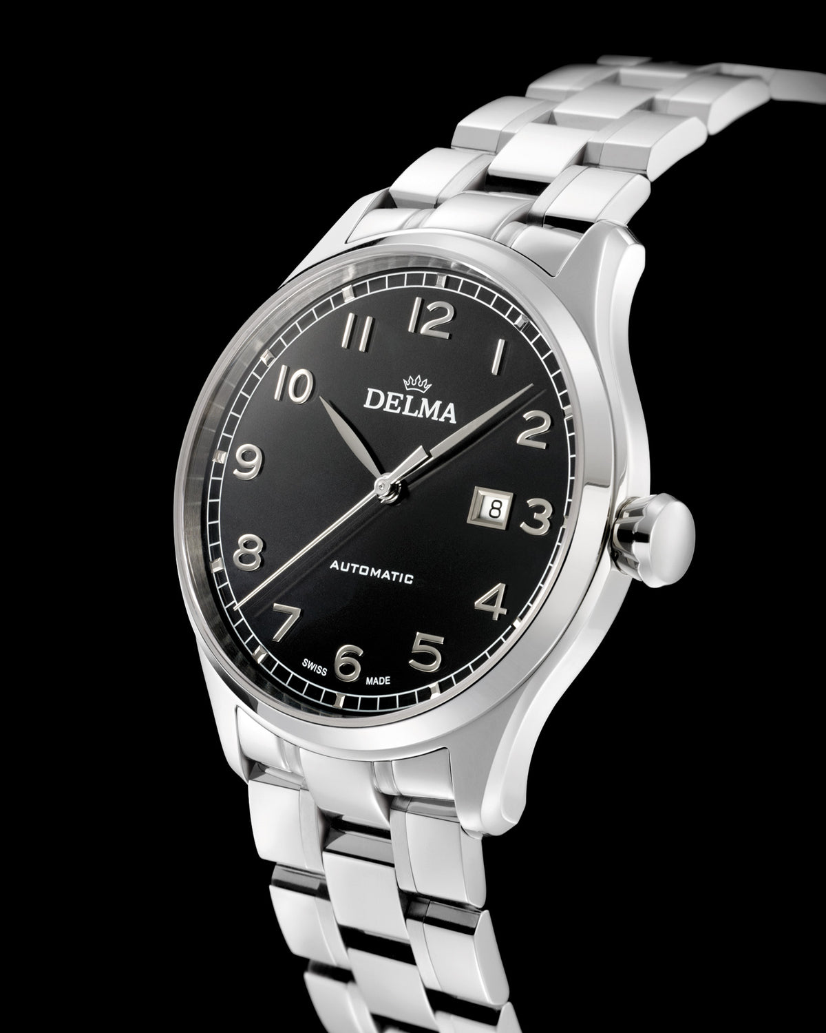 DELMA Pioneer automatic stainless steel watch with black dial side