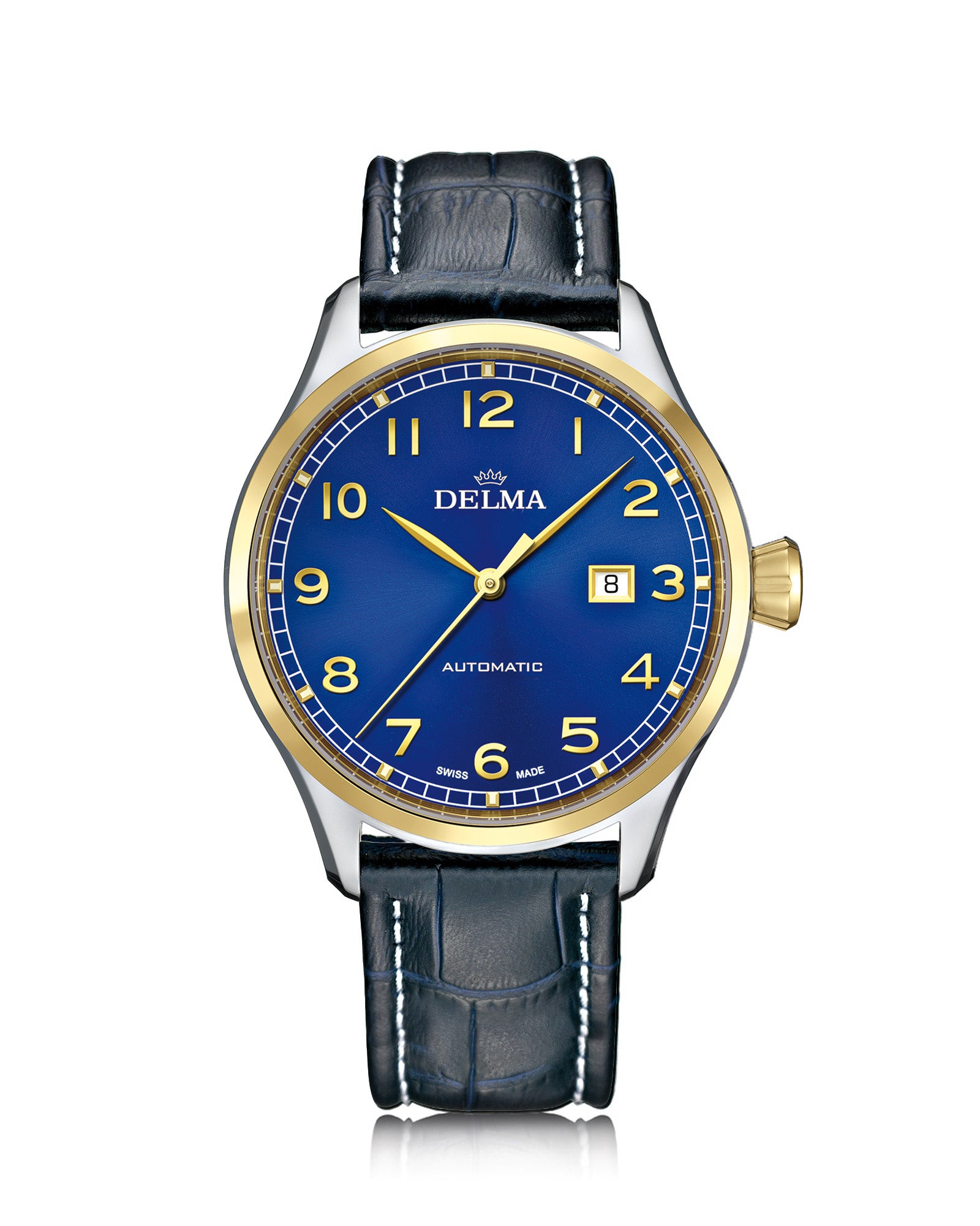 DELMA Pioneer two tone stainless steel and yellow gold PVD watch with blue dial and blue leather strap