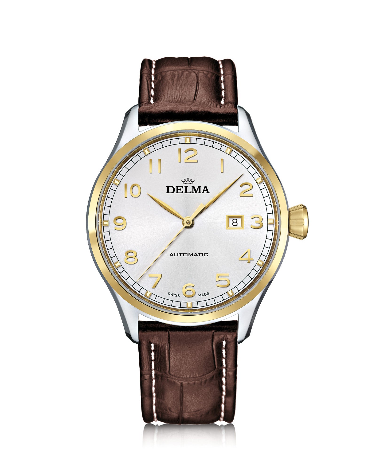 DELMA Pioneer two tone stainless steel and yellow gold PVD watch with silver dial and brown leather strap