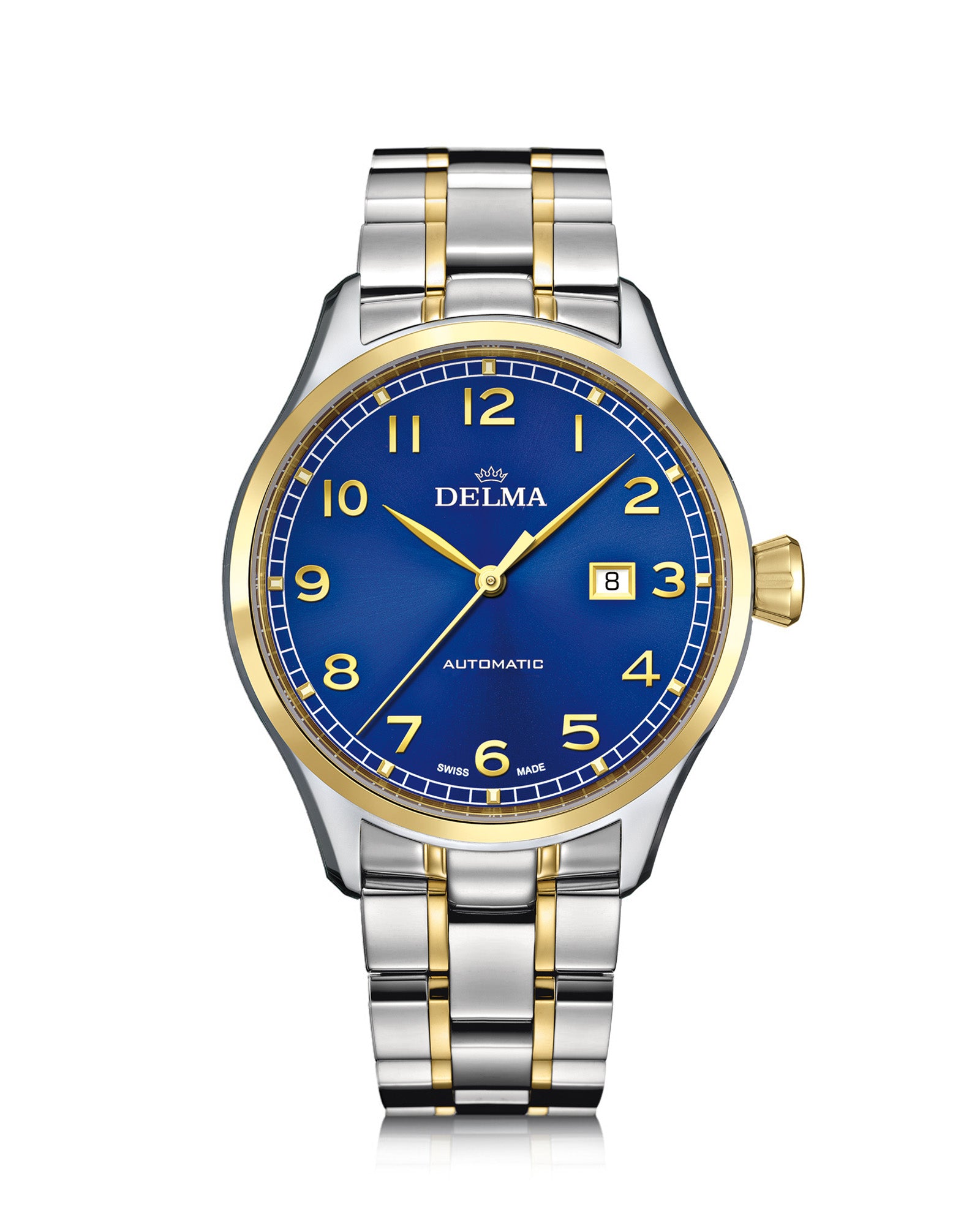 DELMA Pioneer two tone stainless steel and yellow gold PVD watch with blue dial