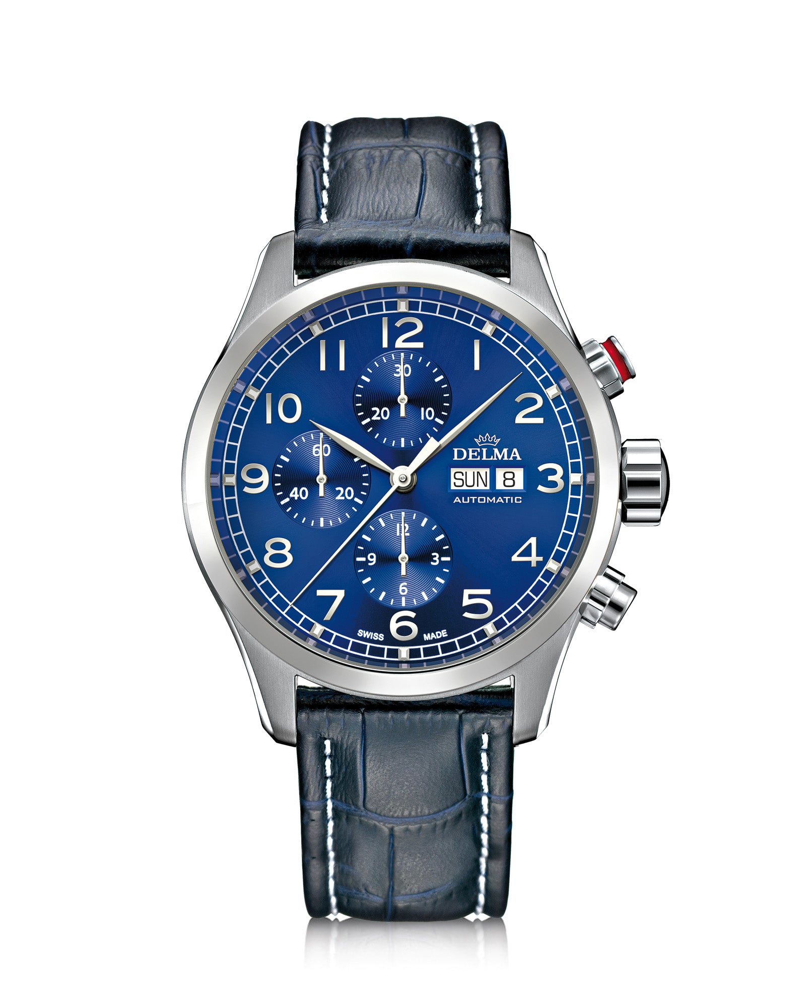 DELMA Pioneer Chronograph stainless steel watch with blue dial and blue leather strap