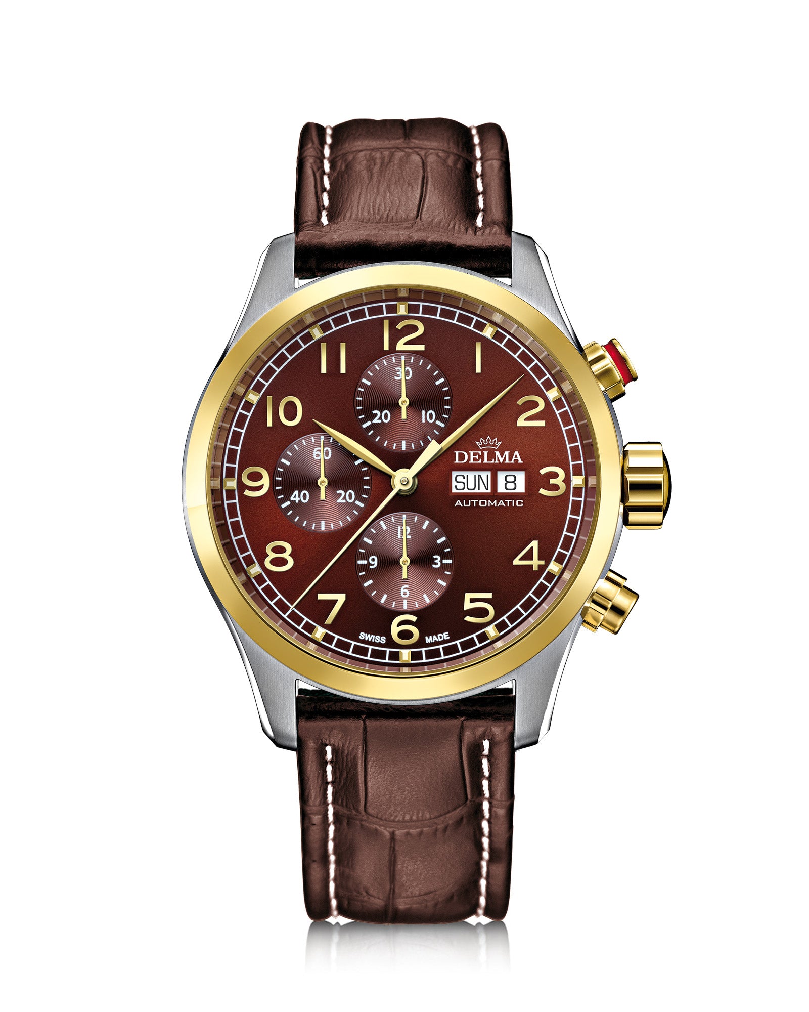 DELMA Pioneer Chronograph two tone stainless steel and yellow gold PVD watch with brown dial and brown leather strap