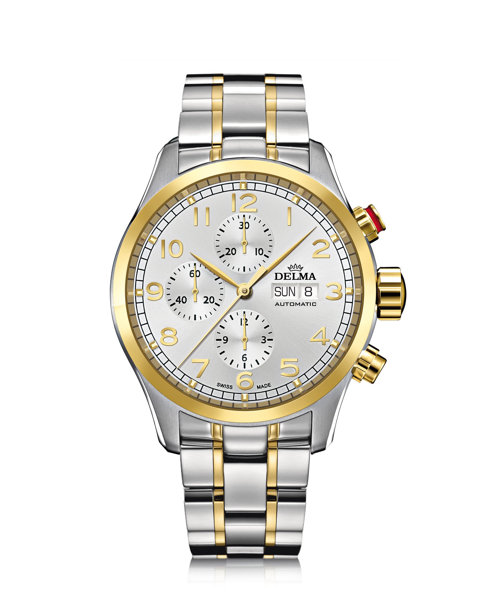 DELMA Pioneer Chronograph two tone stainless steel and yellow gold PVD watch with silver dial