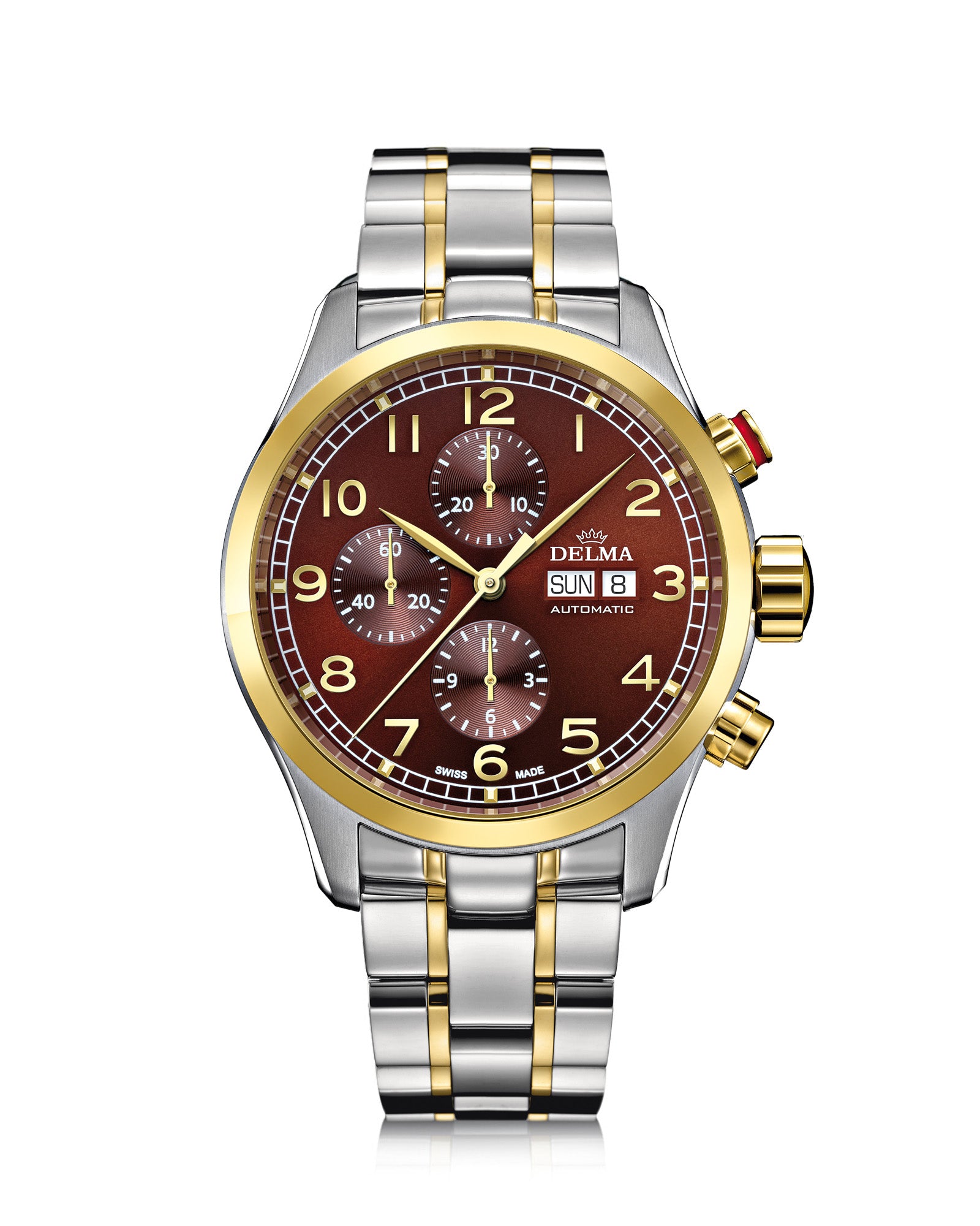 DELMA Pioneer Chronograph two tone stainless steel and yellow gold PVD watch with brown dial