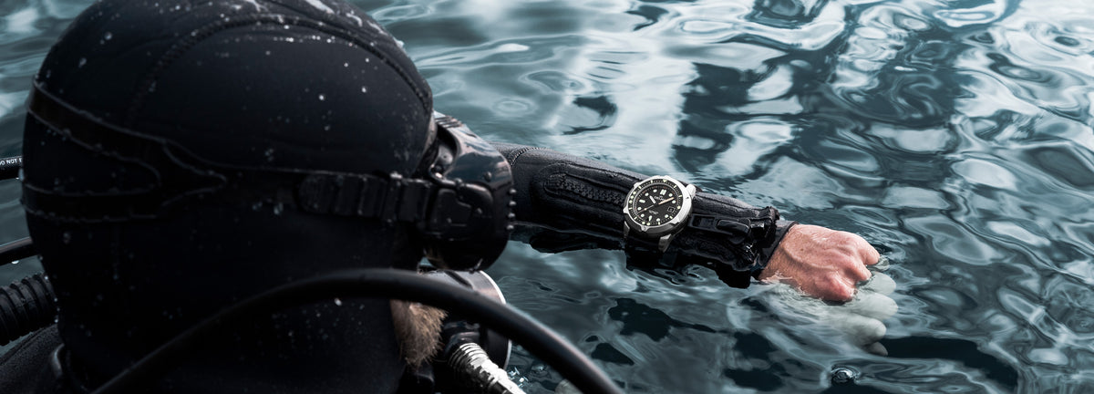 DELMA Quattro stainless steel watch with black dial and black bezel on diver