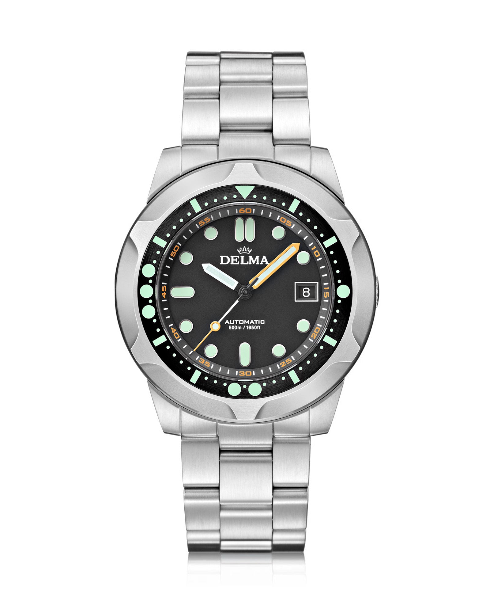 DELMA Quattro stainless steel watch with black dial and black bezel