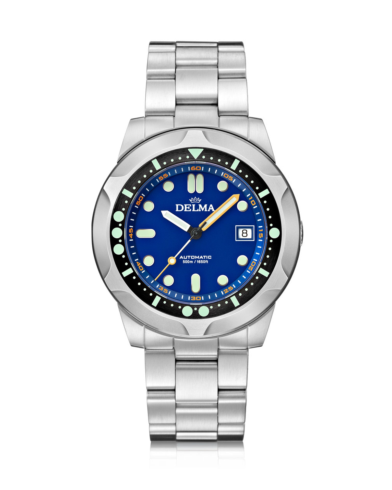 DELMA Quattro stainless steel watch with blue dial and black bezel