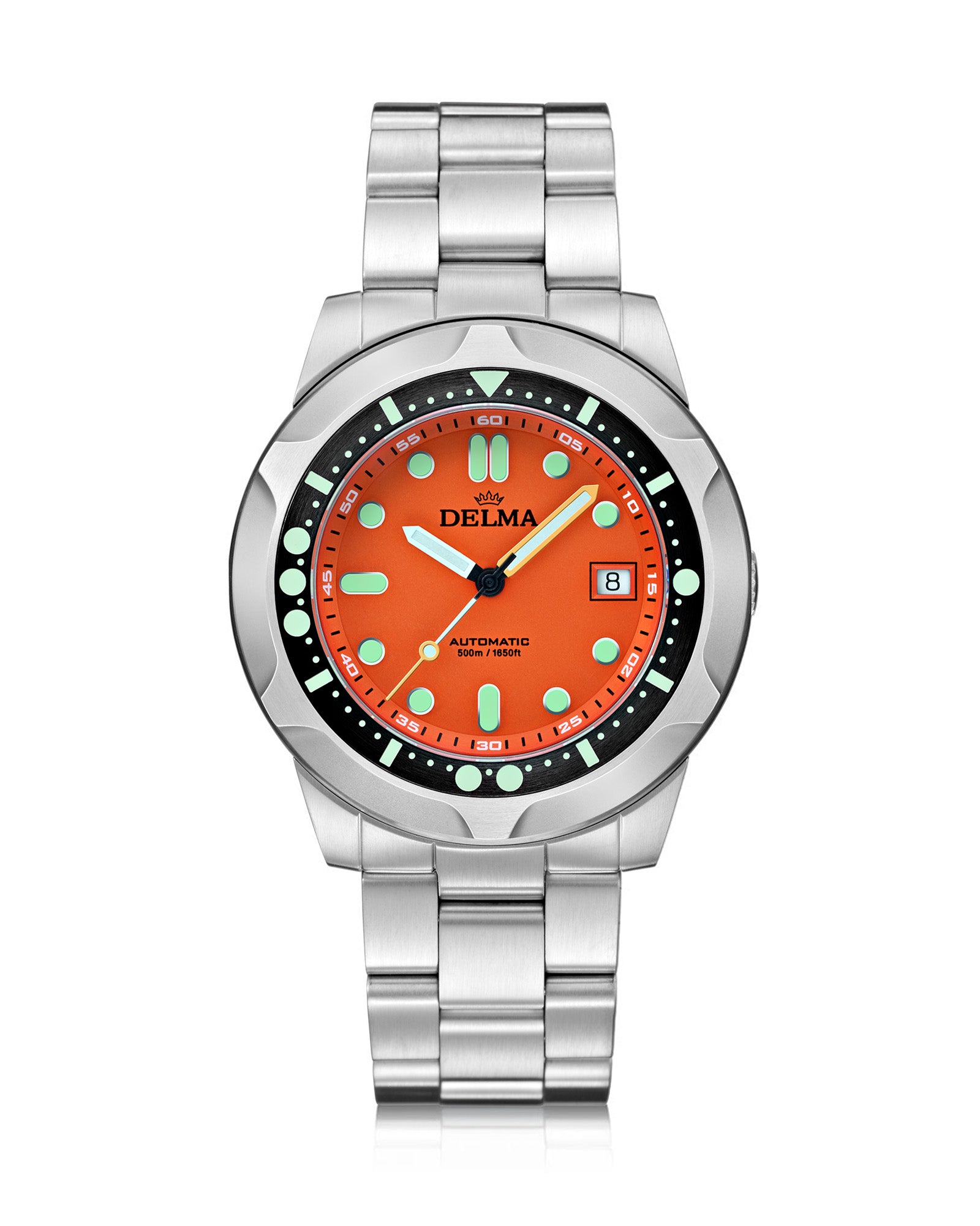 DELMA Quattro stainless steel watch with orange dial and black bezel