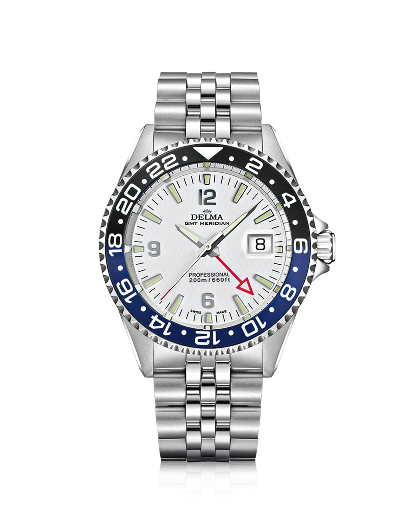 DELMA Santiago GMT Meridian stainless steel watch with white dial and black and blue bezel