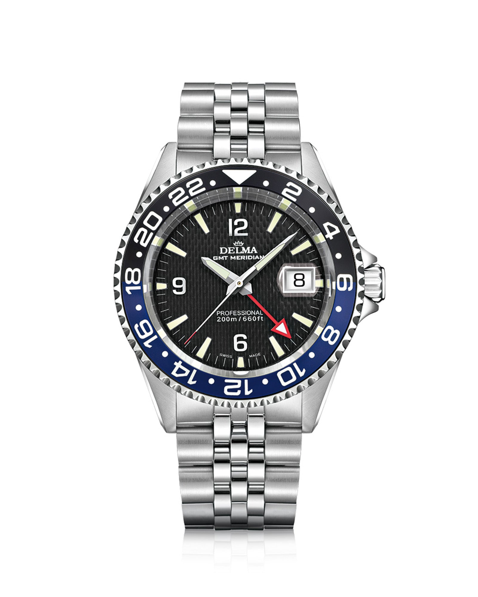 DELMA Santiago GMT Meridian stainless steel watch with black dial and black and blue bezel