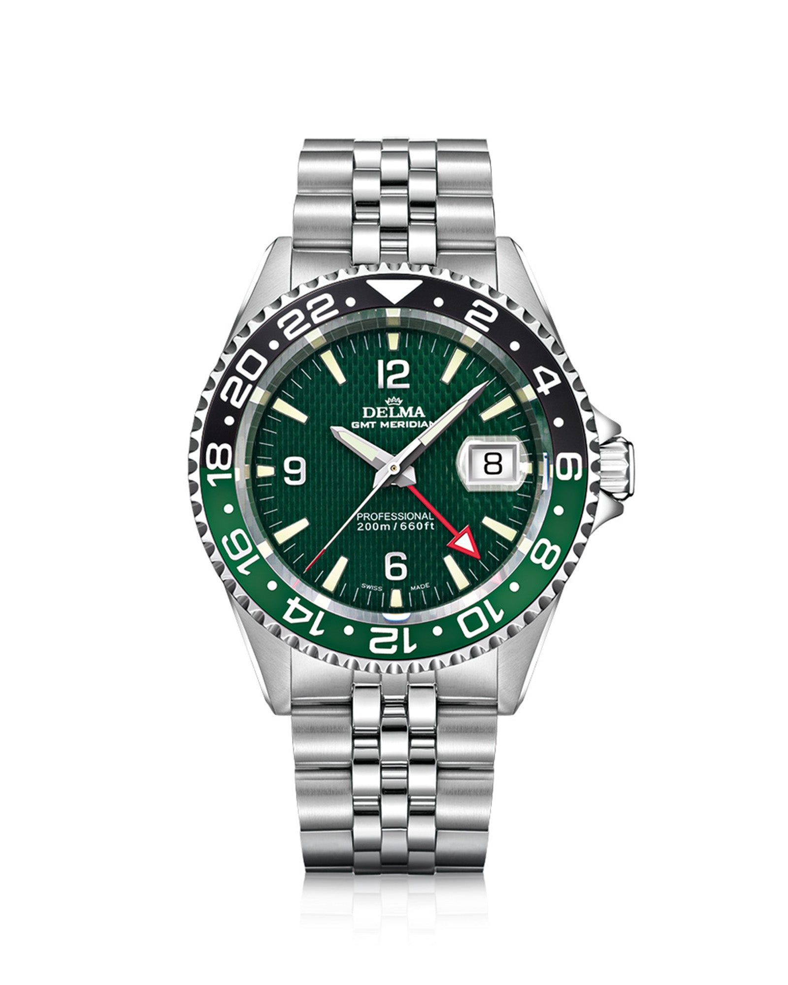 DELMA Santiago GMT Meridian stainless steel watch with green dial and black and green bezel