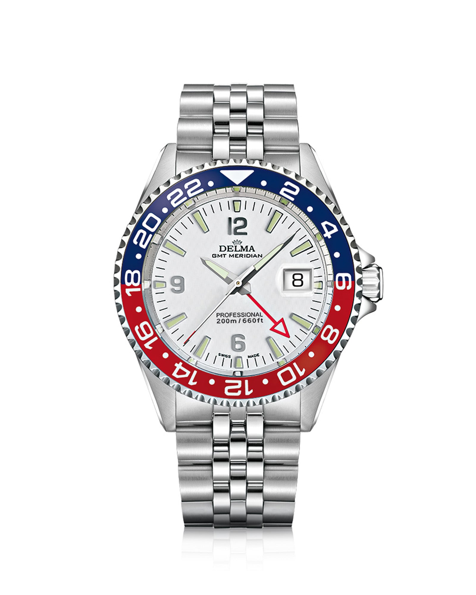 DELMA Santiago GMT Meridian stainless steel watch with white dial and blue and red bezel