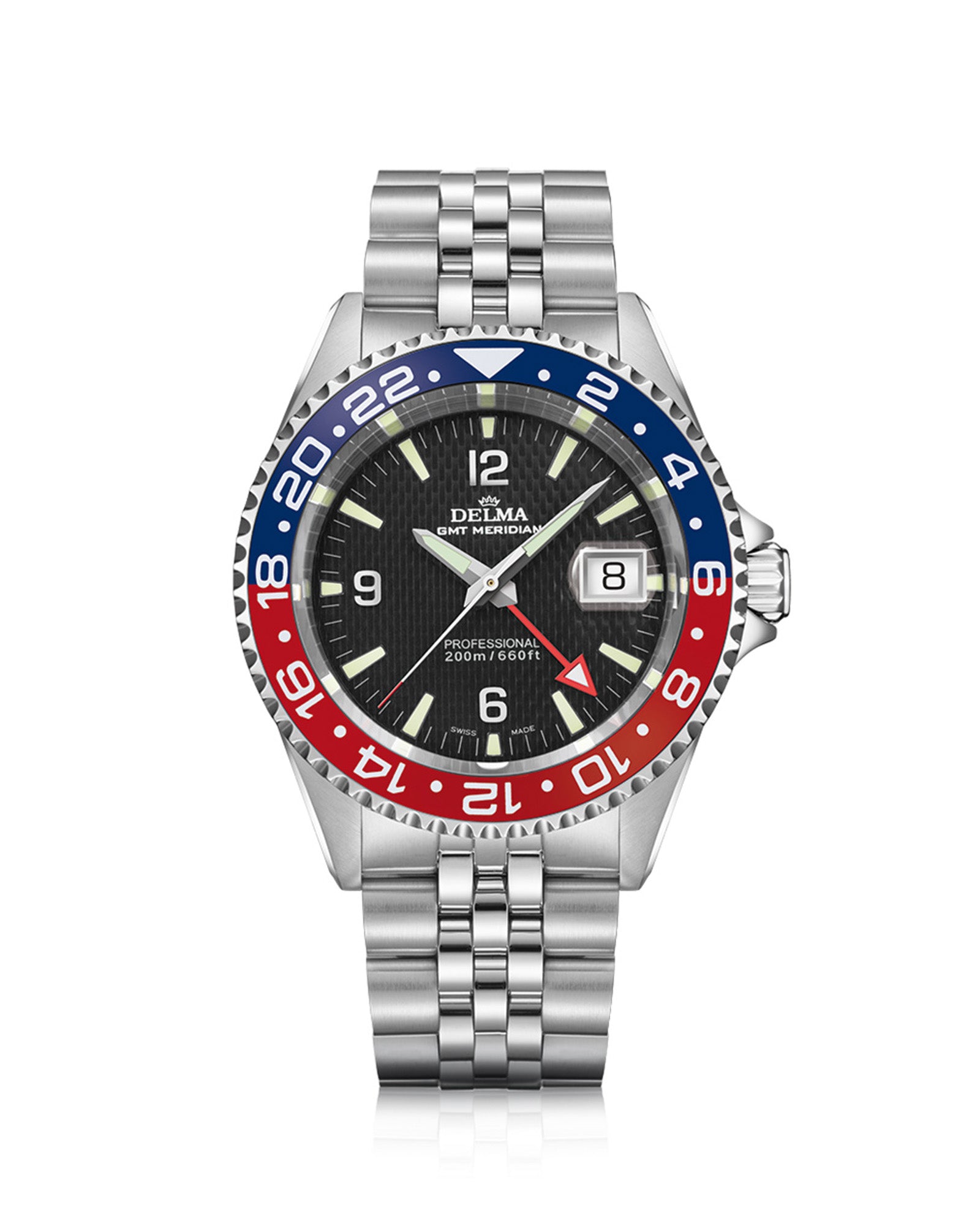 DELMA Santiago GMT Meridian stainless steel watch with black dial and blue and red bezel