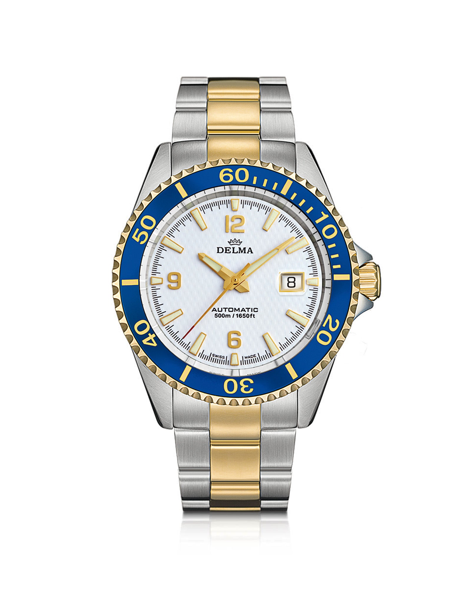 DELMA Santiago Automatic two tone stainless steel and yellow gold PVD watch with white dial and blue bezel