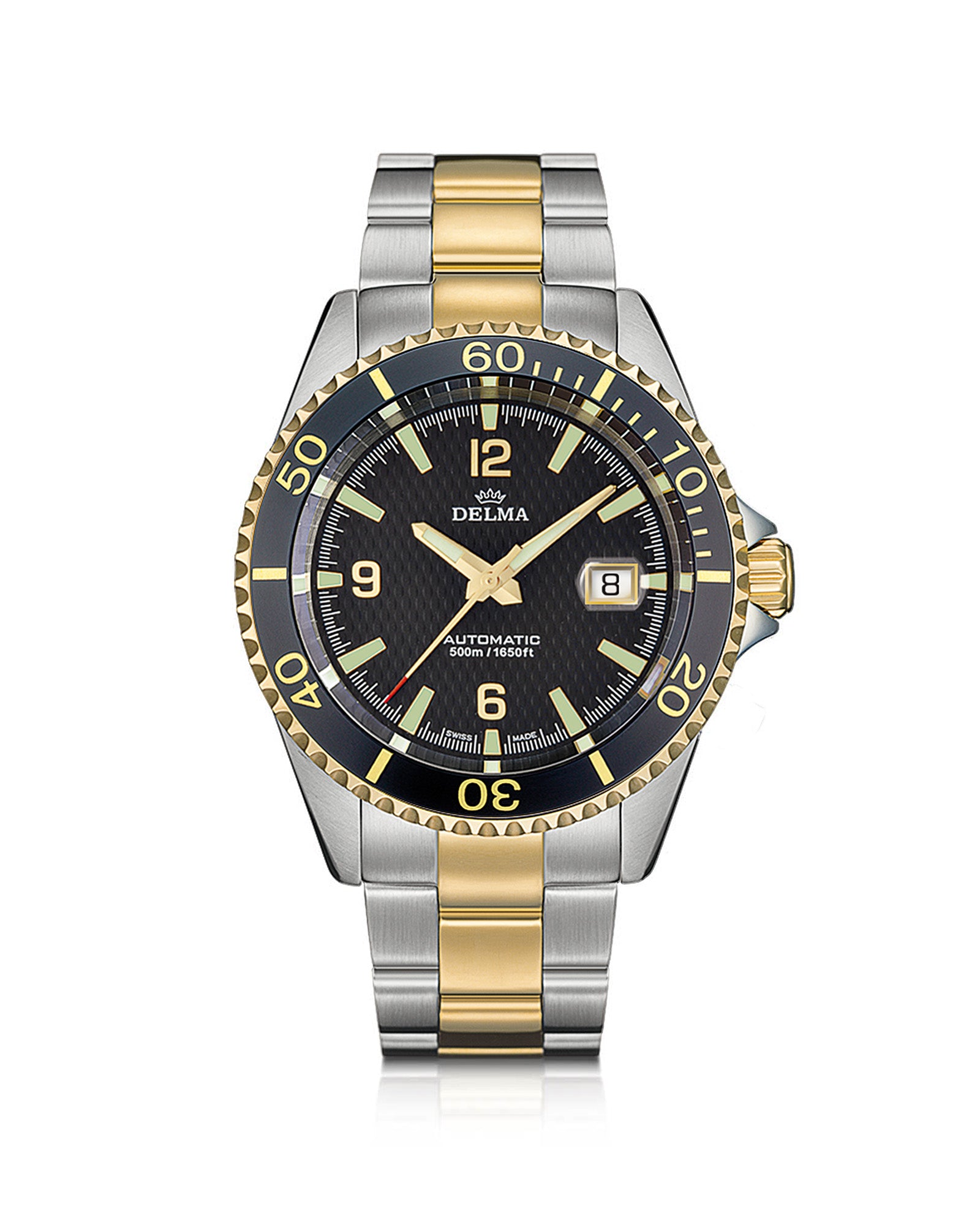 DELMA Santiago Automatic two tone stainless steel and yellow gold PVD watch with black dial and black bezel