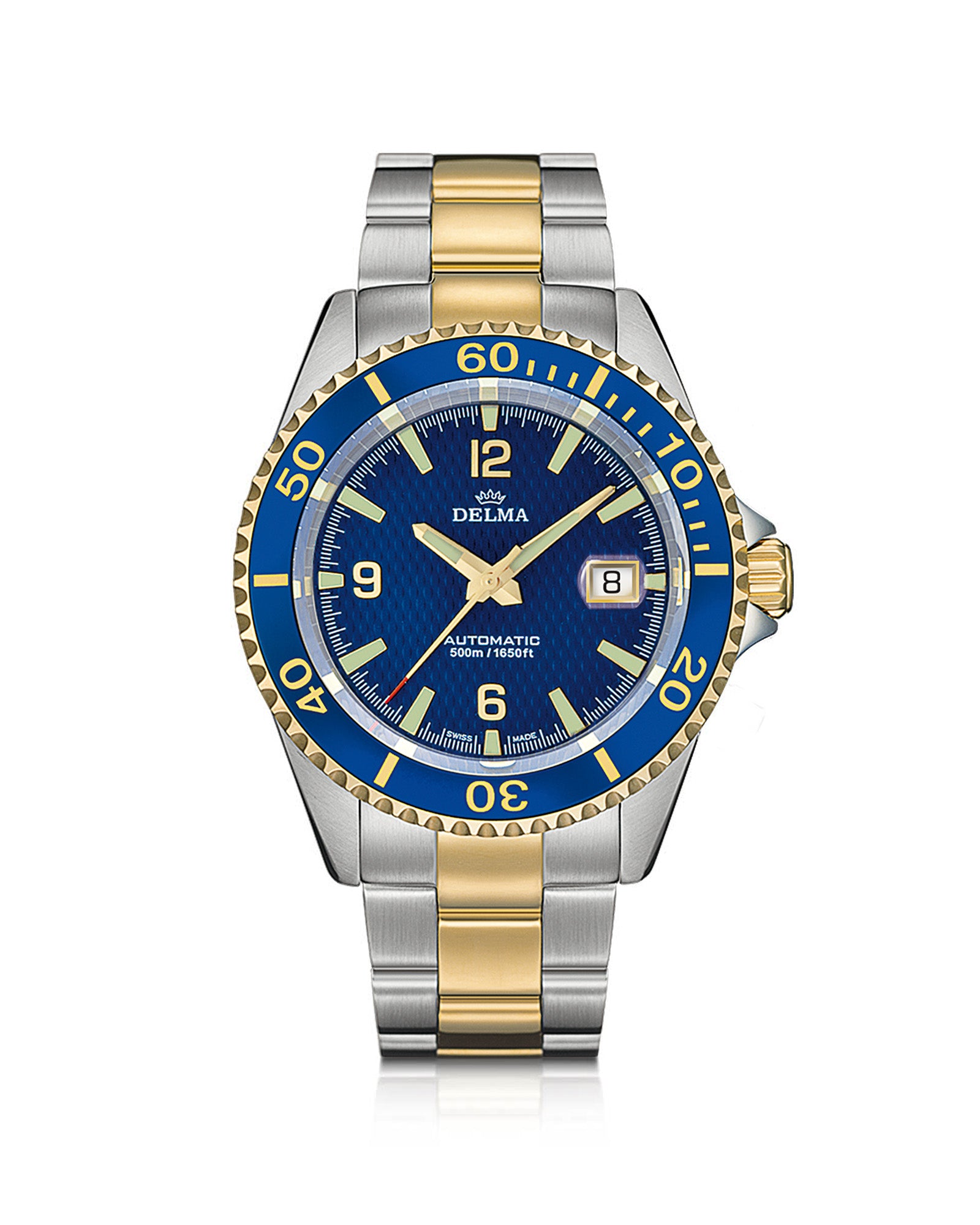 DELMA Santiago Automatic two tone stainless steel and yellow gold PVD watch with blue dial and blue bezel