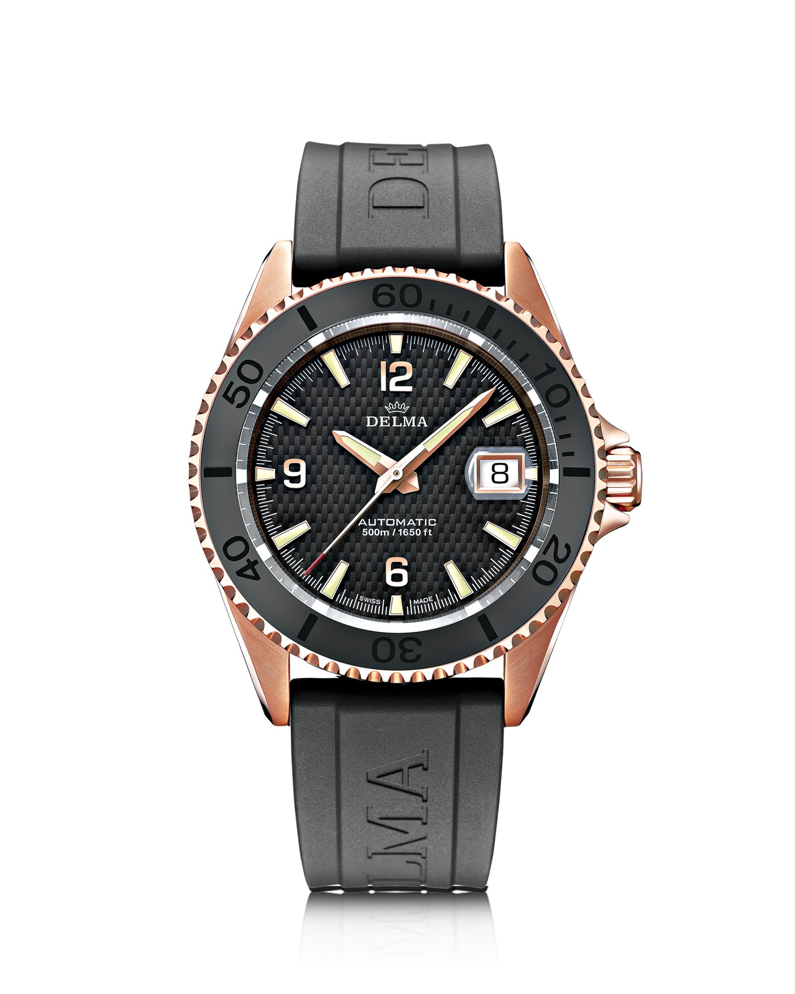 DELMA Santiago Automatic stainless steel and rose gold PVD watch with black dial, black bezel and black rubber strap