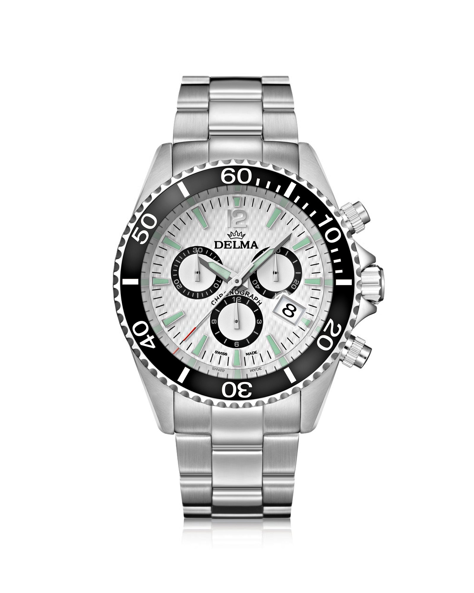 DELMA Santiago Chronograph stainless steel watch with white dial and black bezel