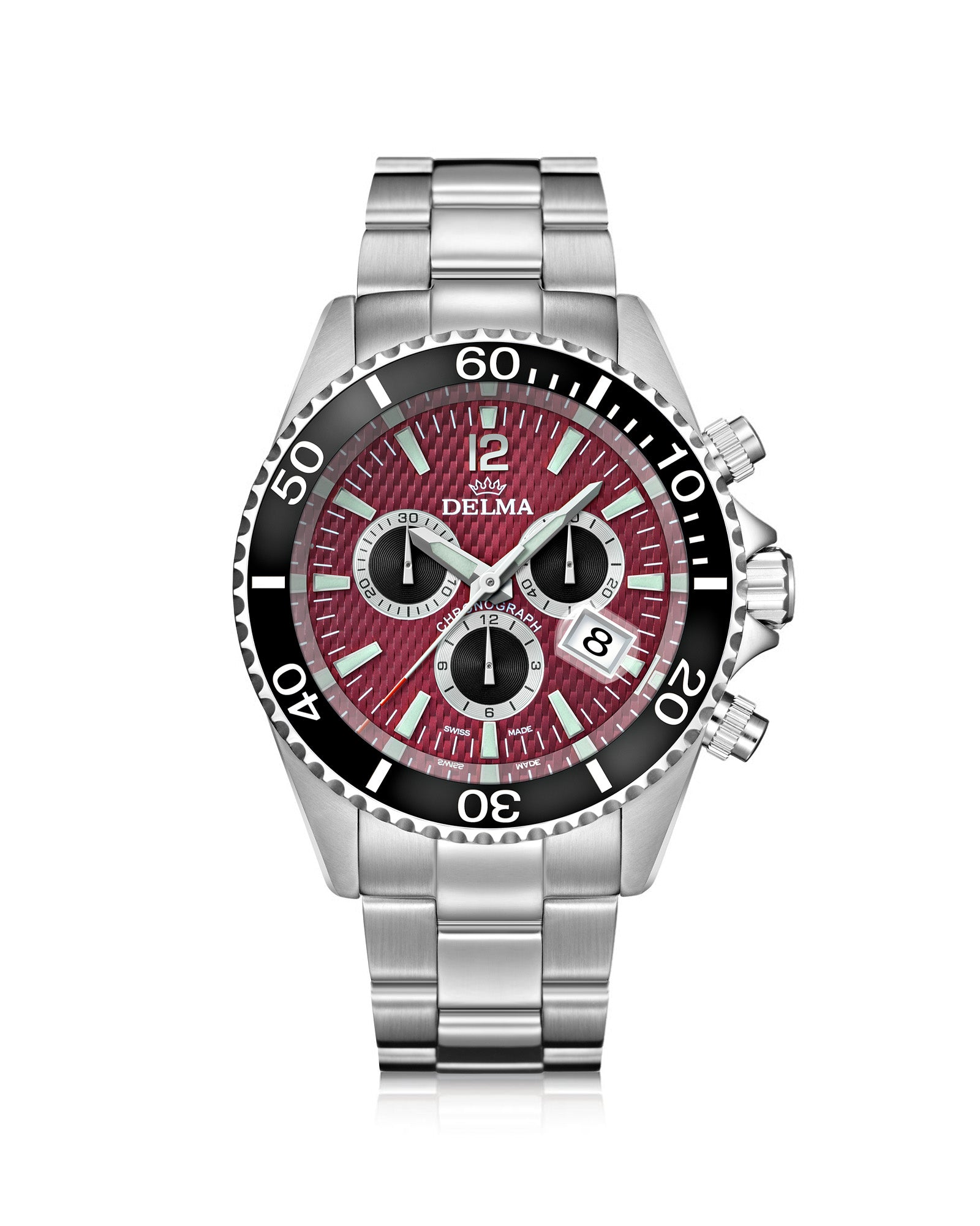DELMA Santiago Chronograph stainless steel watch with burgundy dial and black bezel