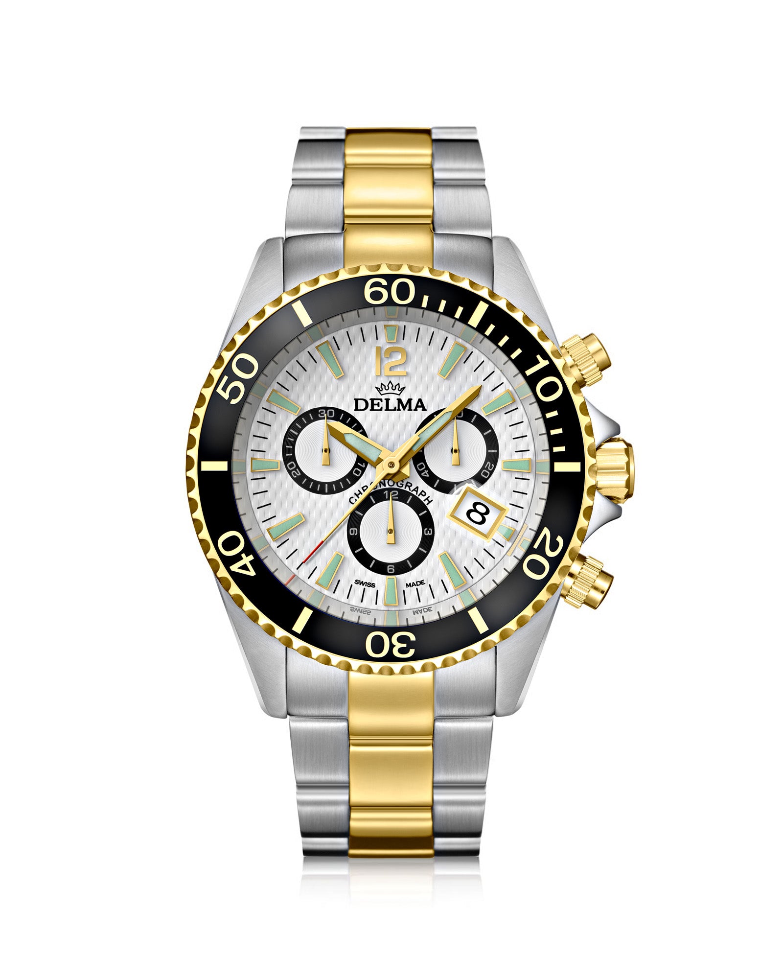DELMA Santiago Chronograph two tone stainless steel and yellow gold PVD watch with white dial and black bezel