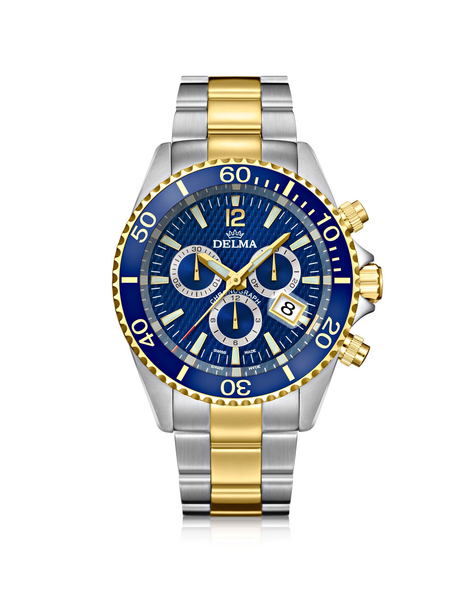 DELMA Santiago Chronograph two tone stainless steel and yellow gold PVD watch with blue dial and blue bezel