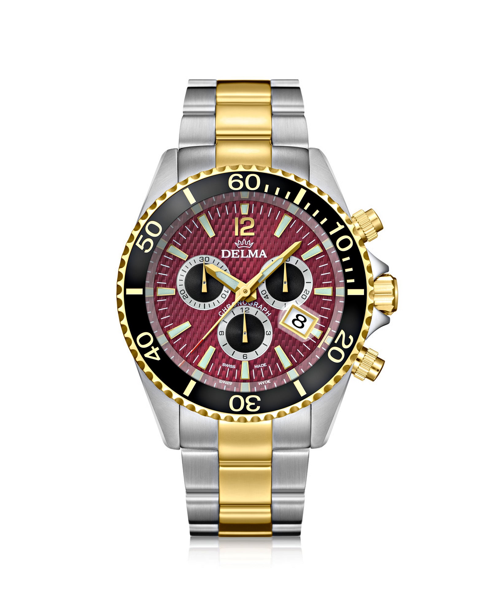 DELMA Santiago Chronograph two tone stainless steel and yellow gold PVD watch with burgundy dial and black bezel