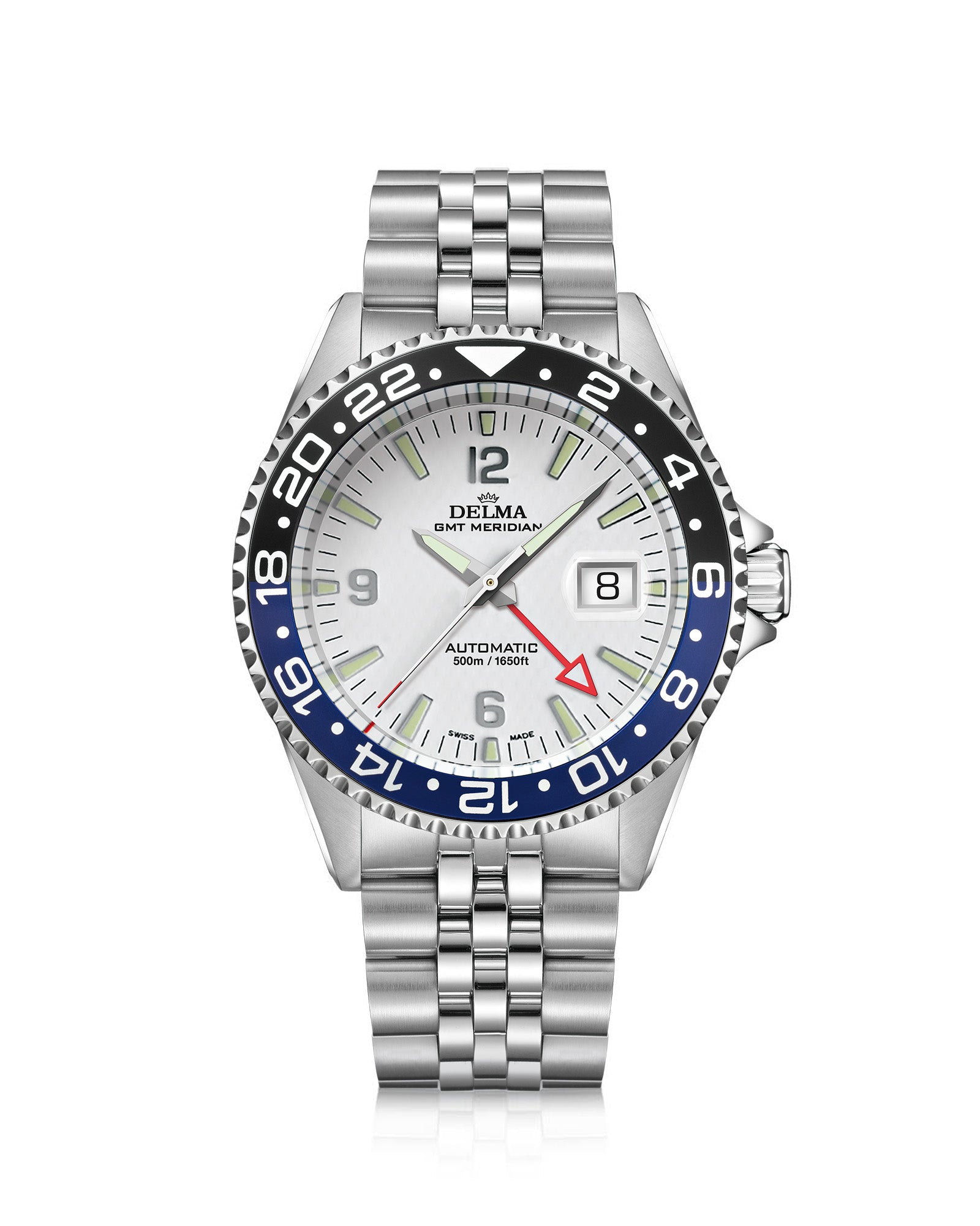 DELMA Santiago GMT Meridian Automatic stainless steel watch with white dial and black and blue bezel