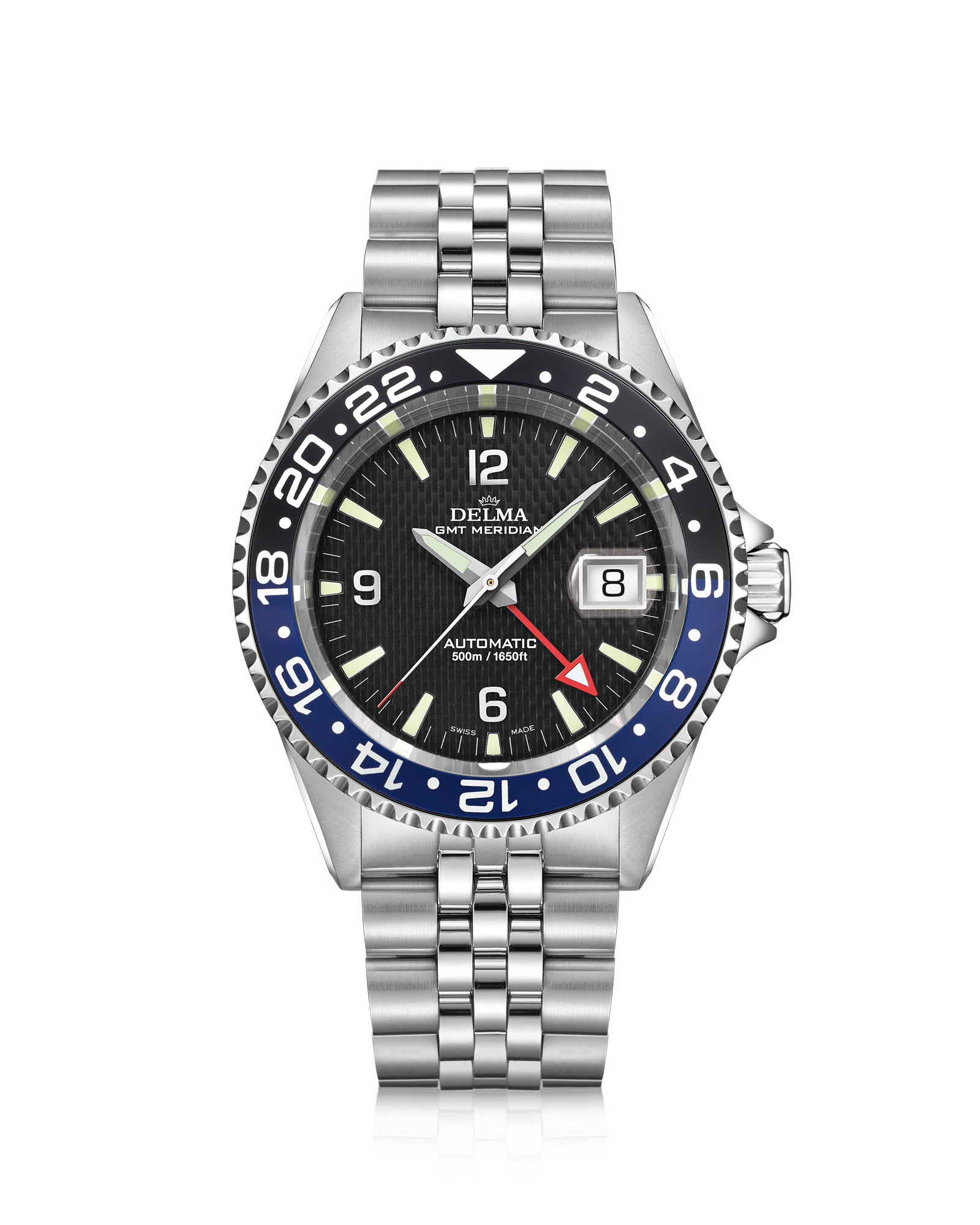 DELMA Santiago GMT Meridian Automatic stainless steel watch with black dial and black and blue bezel