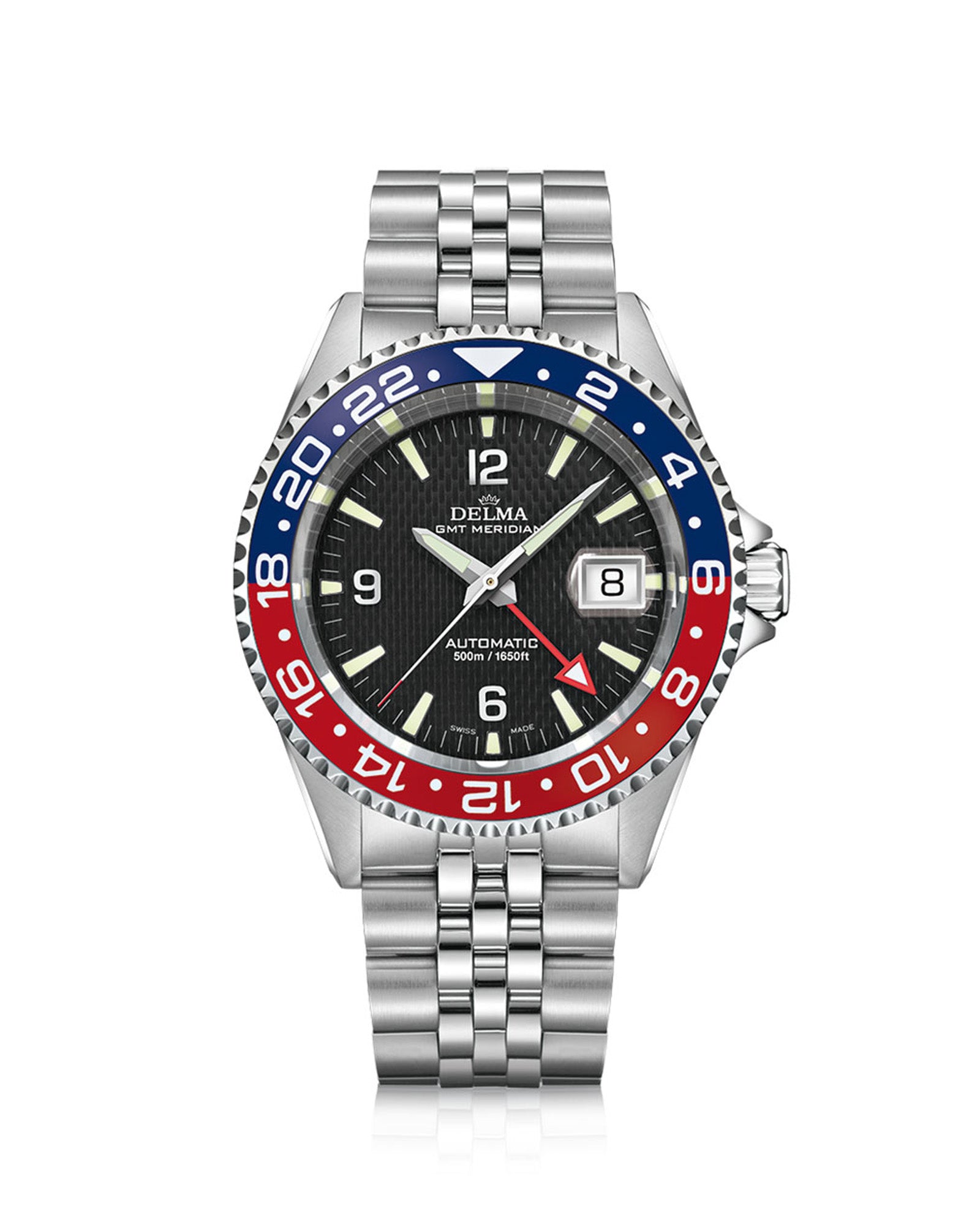 DELMA Santiago GMT Meridian Automatic stainless steel watch with black dial and blue and red bezel