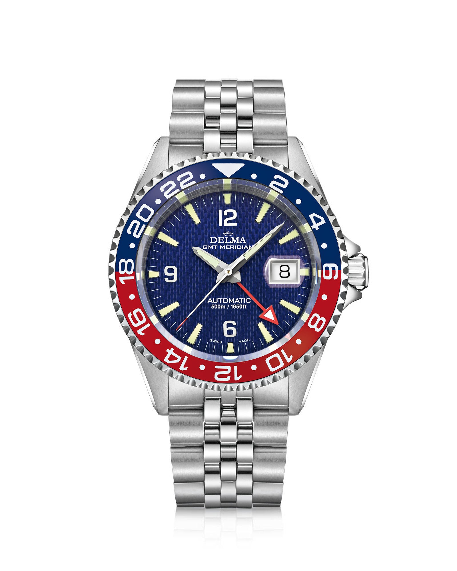 DELMA Santiago GMT Meridian Automatic stainless steel watch with blue dial and blue and red bezel
