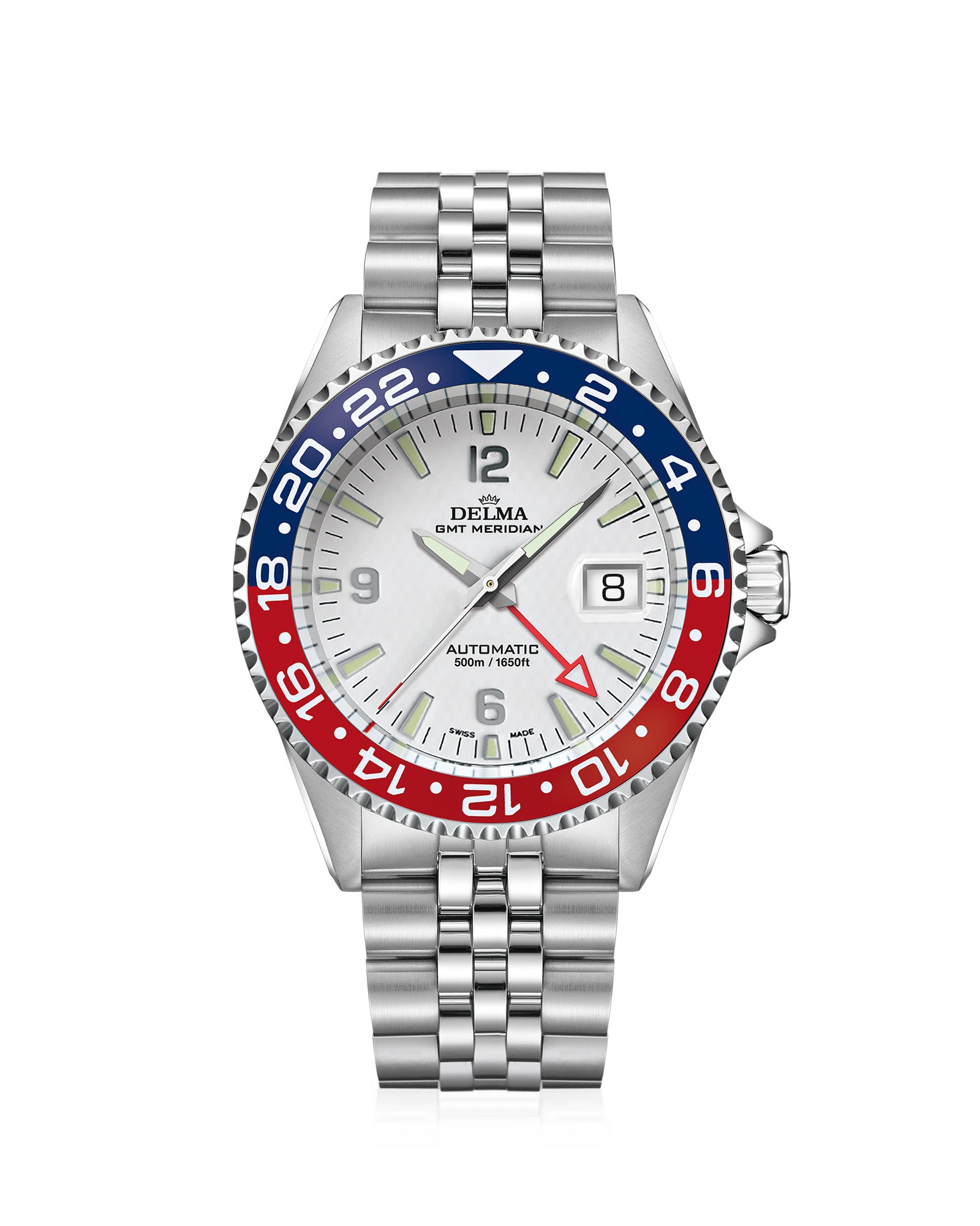 DELMA Santiago GMT Meridian Automatic stainless steel watch with white dial and blue and red bezel