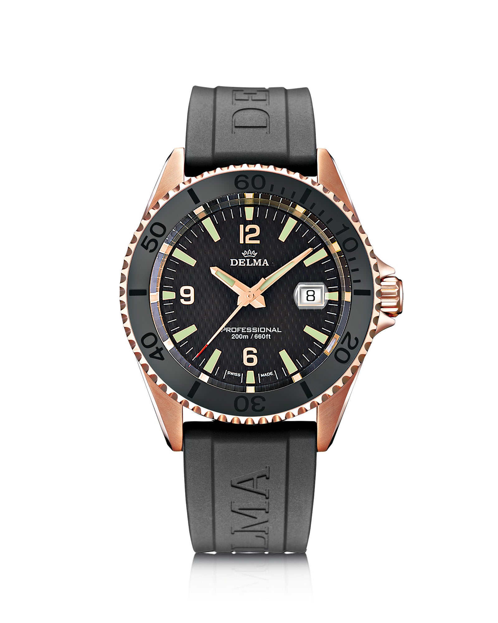 DELMA Santiago stainless steel and rose gold PVD watch with black dial, black bezel and black rubber strap