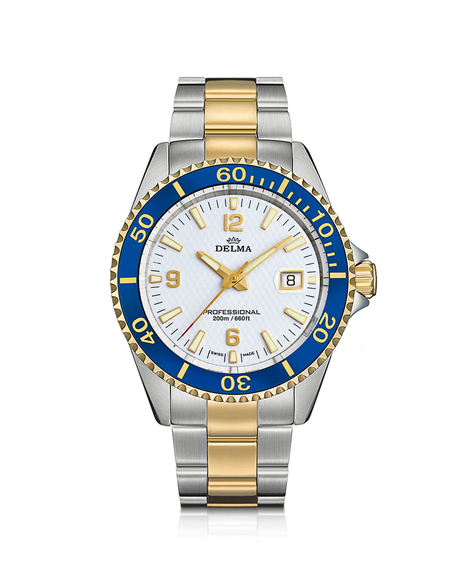 DELMA Santiago two tone stainless steel and yellow gold PVD watch with white dial and blue bezel