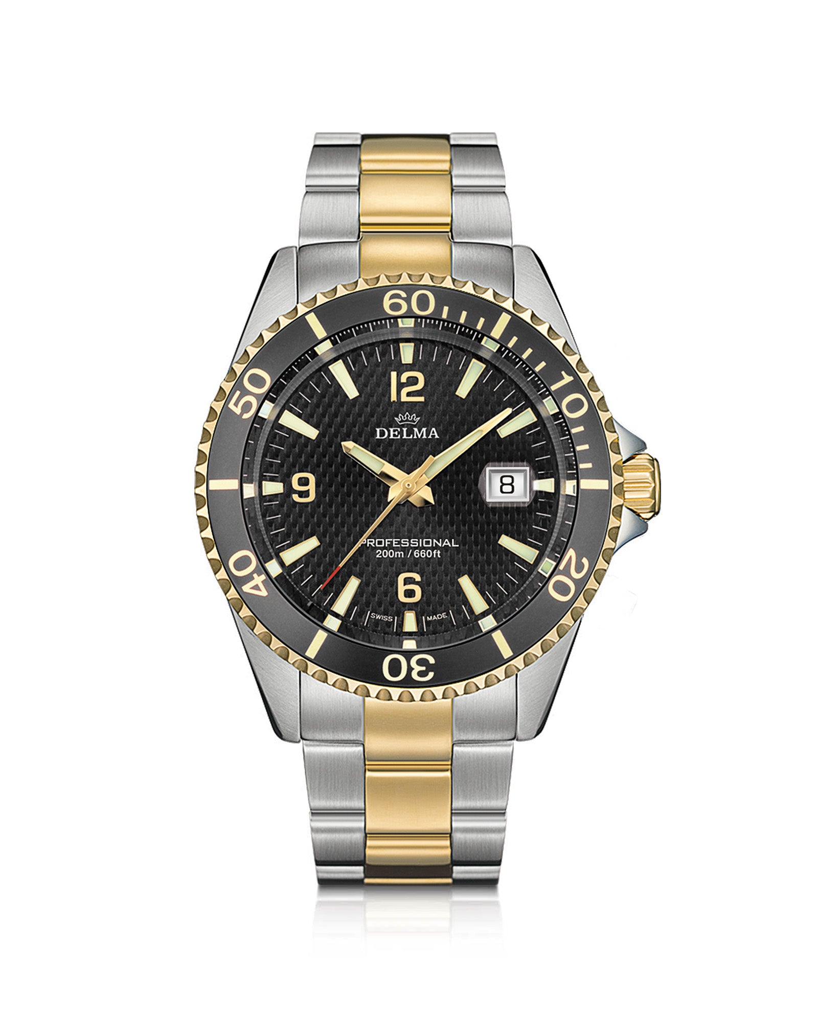 DELMA Santiago two tone stainless steel and yellow gold PVD watch with black dial and black bezel