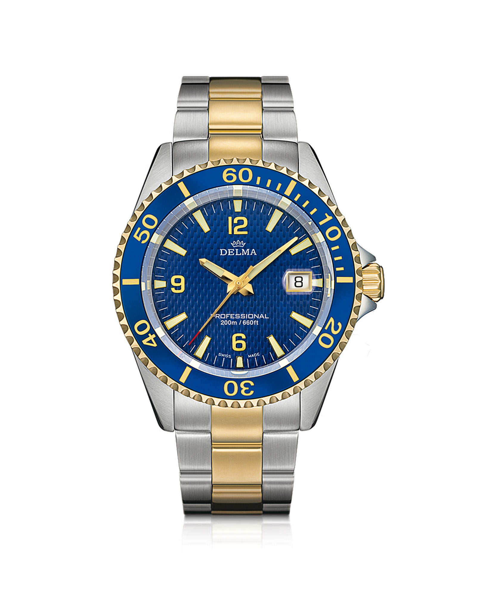 DELMA Santiago two tone stainless steel and yellow gold PVD watch with blue dial and blue bezel