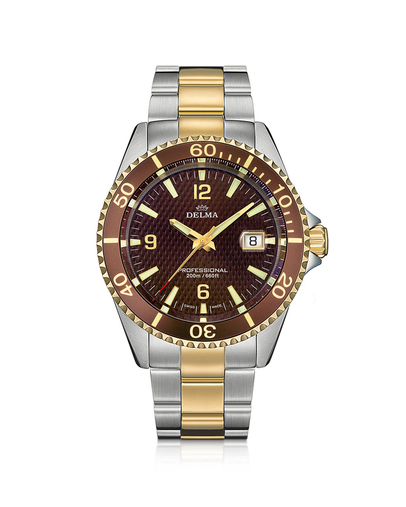 DELMA Santiago two tone stainless steel and yellow gold PVD watch with brown dial and brown bezel