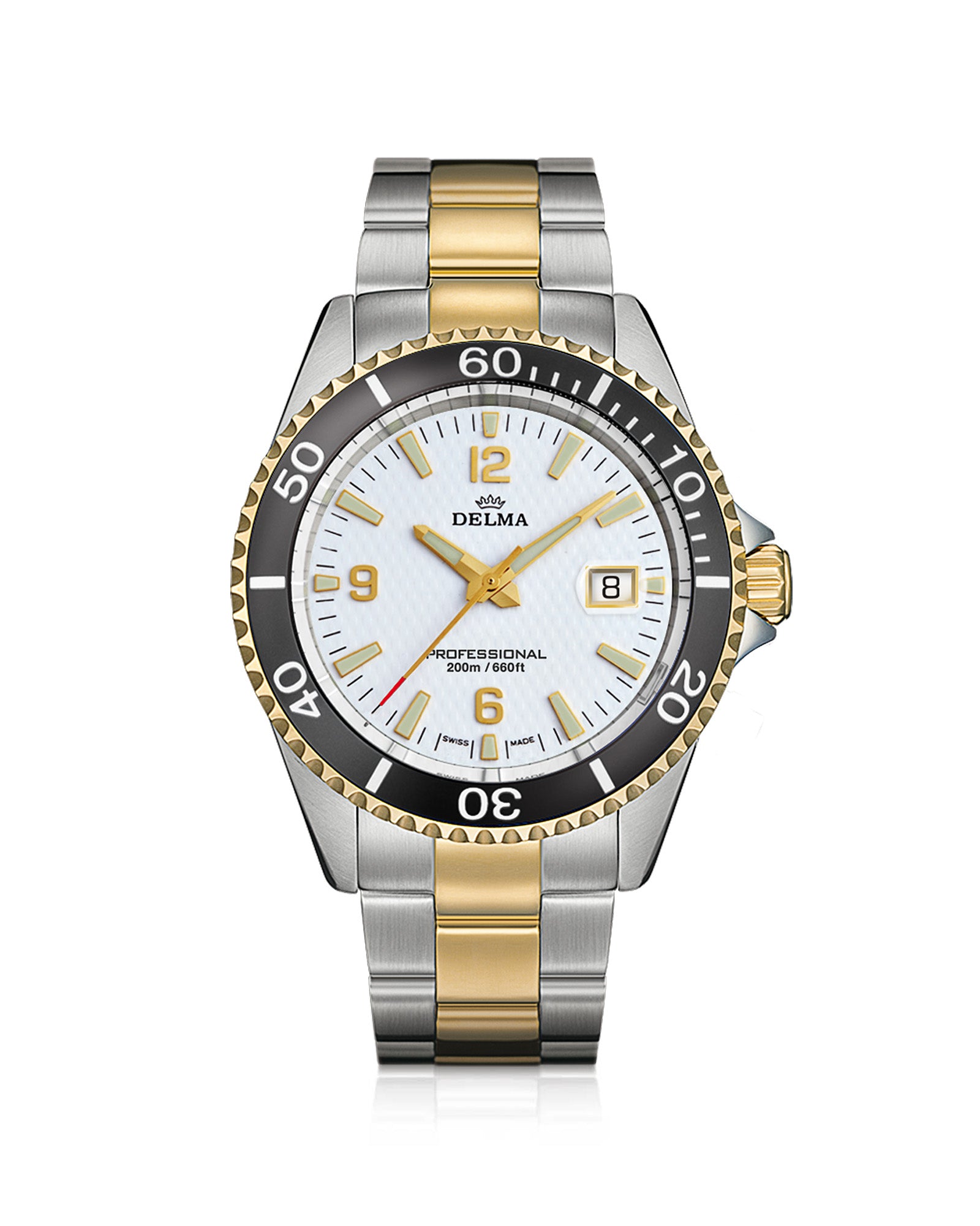 DELMA Santiago two tone stainless steel and yellow gold PVD watch with white dial and black bezel
