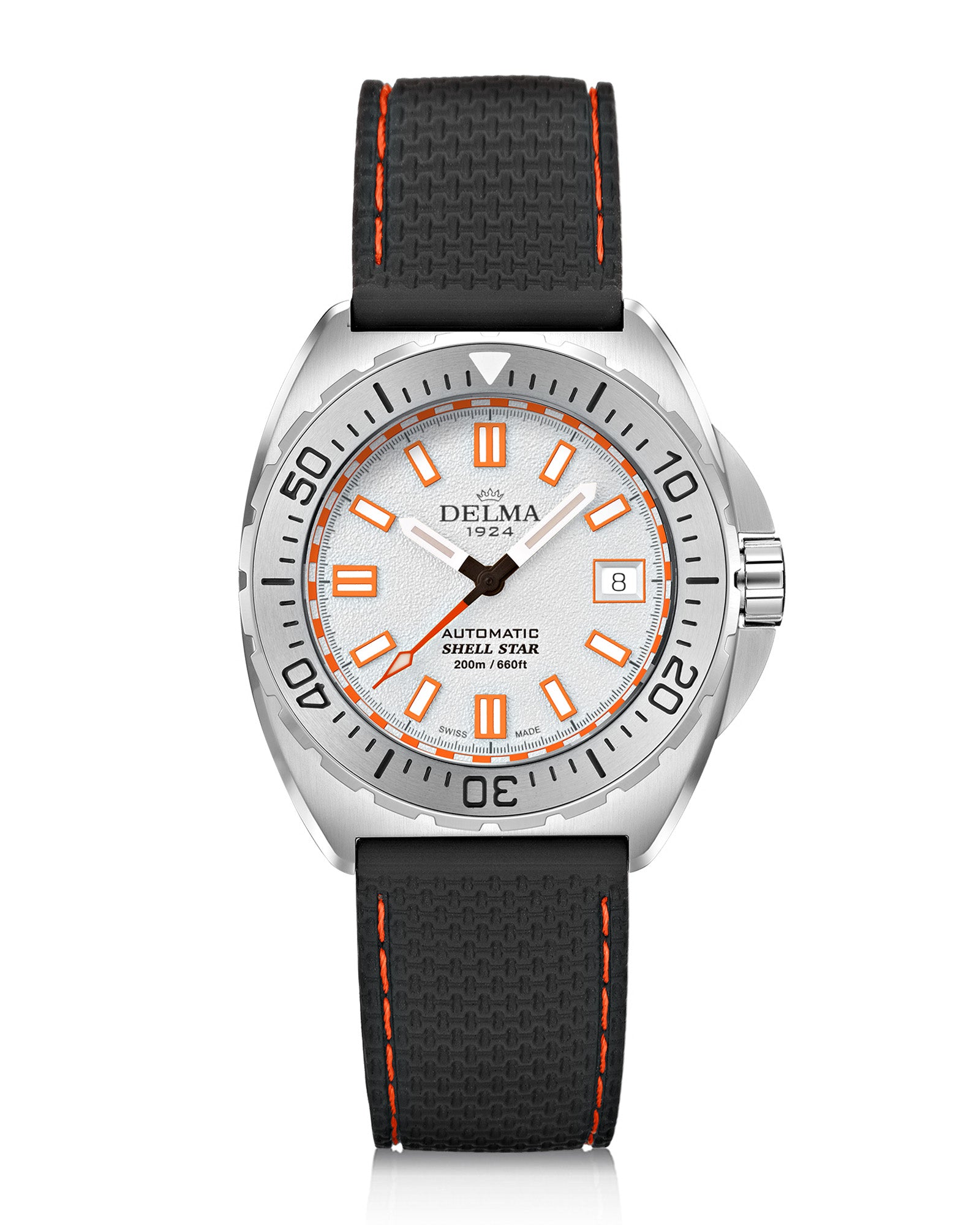 DELMA Shell Star 41 mm Automatic stainless steel watch with white dial and black rubber strap