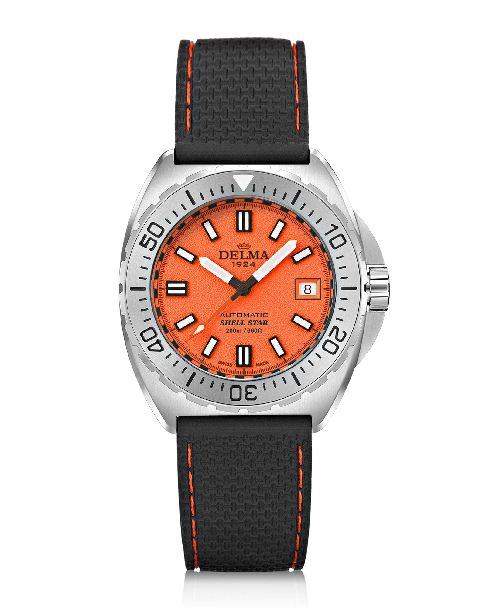 DELMA Shell Star 41 mm Automatic stainless steel watch with orange dial and black rubber strap