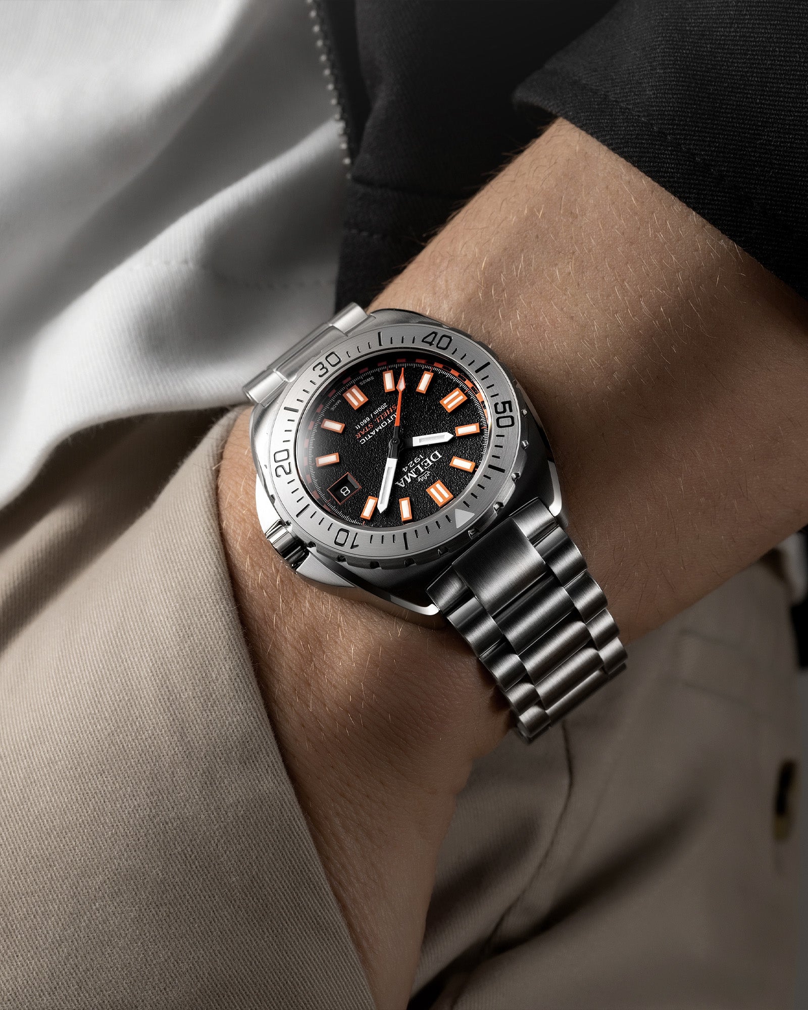 DELMA Shell Star 41 mm Automatic stainless steel watch with black dial wrist shot