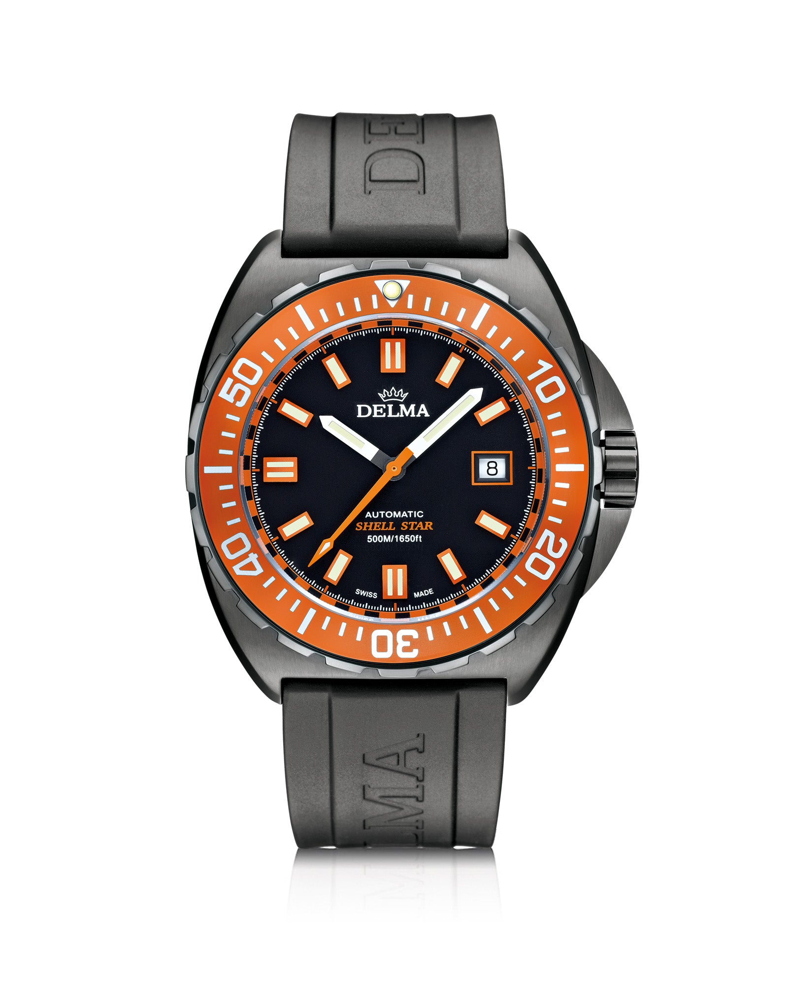 DELMA Shell Star Black Tag black DLC stainless steel watch with orange bezel and black rubber strap