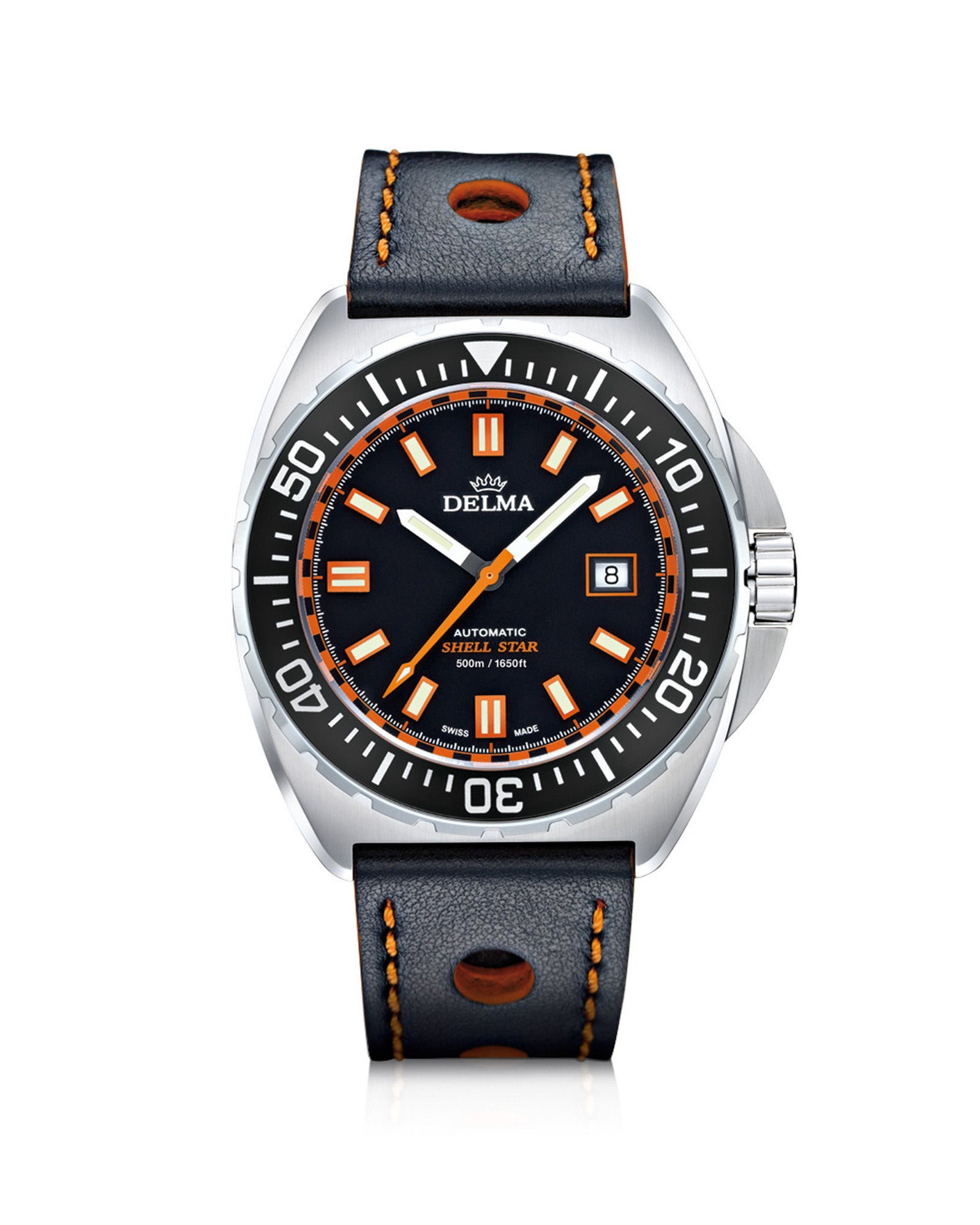 DELMA Shell Star Automatic stainless steel watch with black dial, bezel and black leather strap