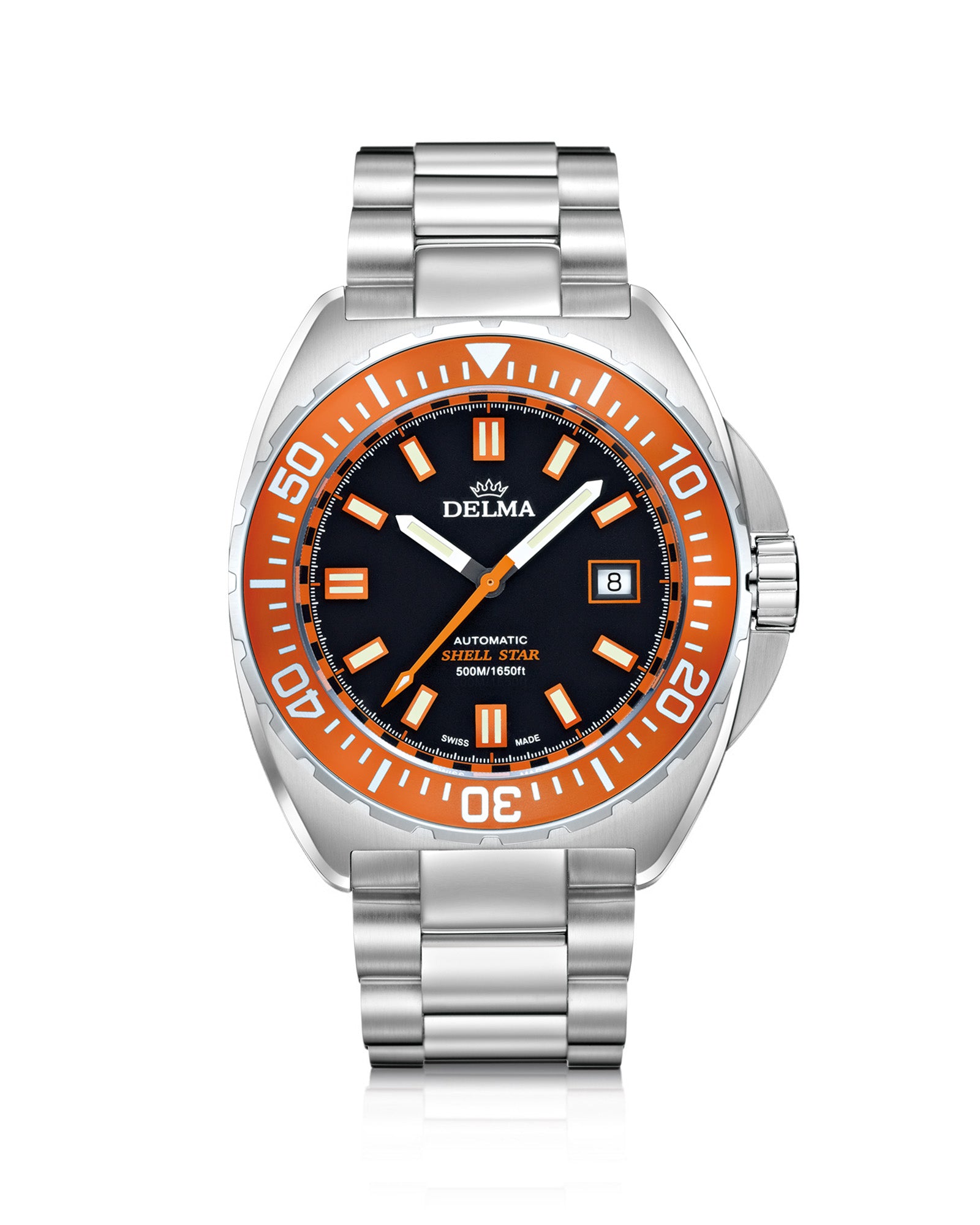 DELMA Shell Star Automatic stainless steel watch with black dial and orange bezel