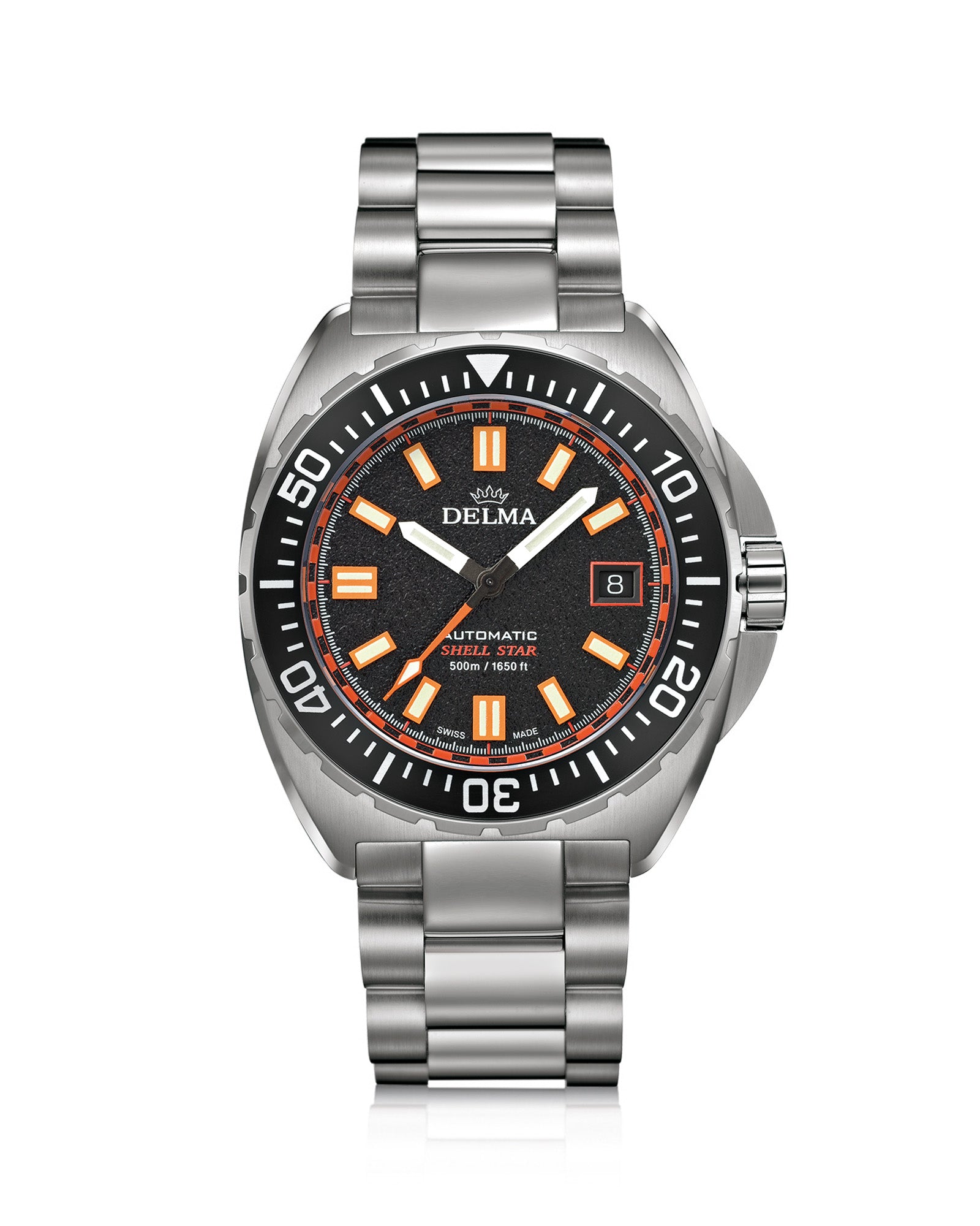 DELMA Shell Star Titanium watch with orange dial and black bezel